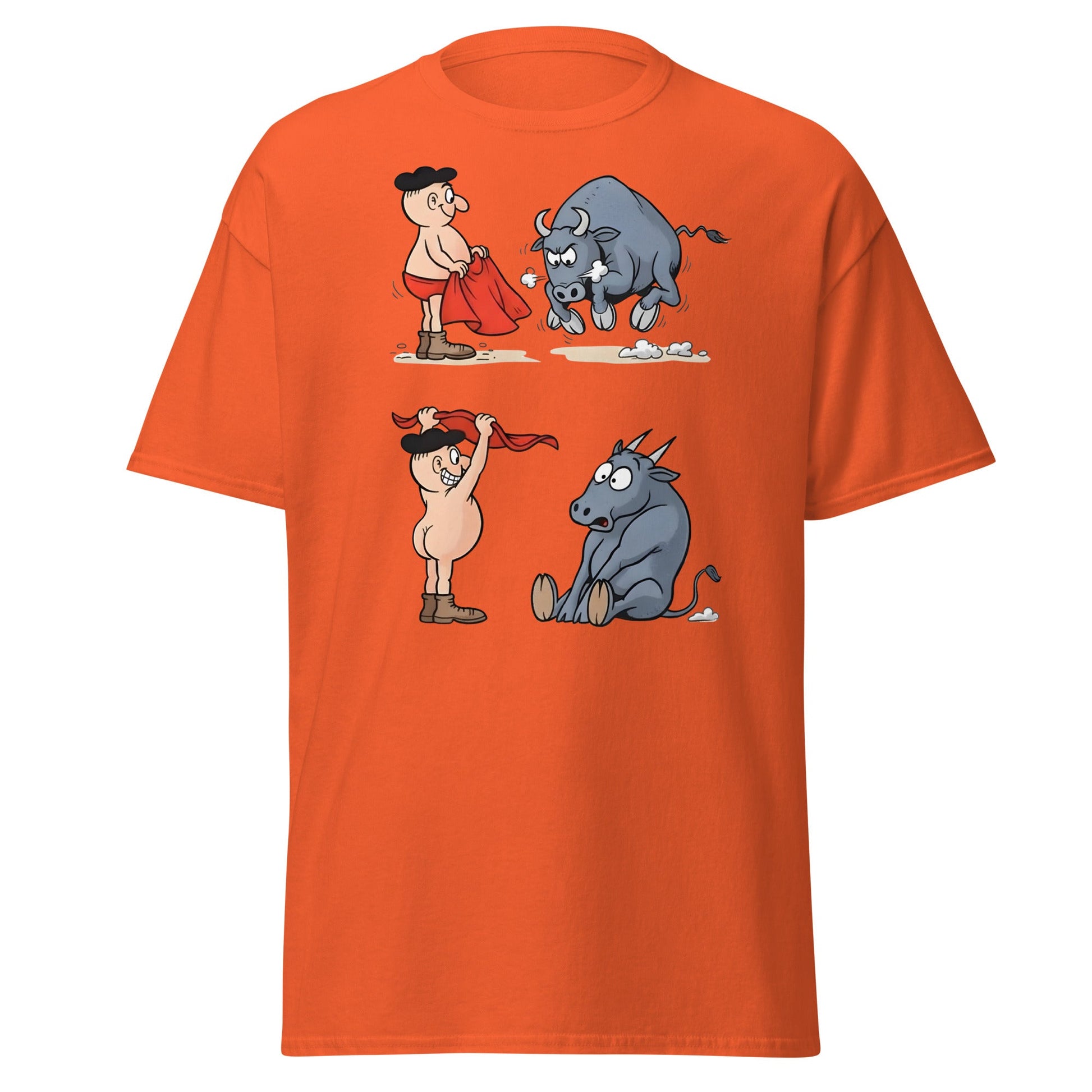 Matador Bullfighter Naked Gag Cartoon T-Shirt - Orange - T-Shirts Online