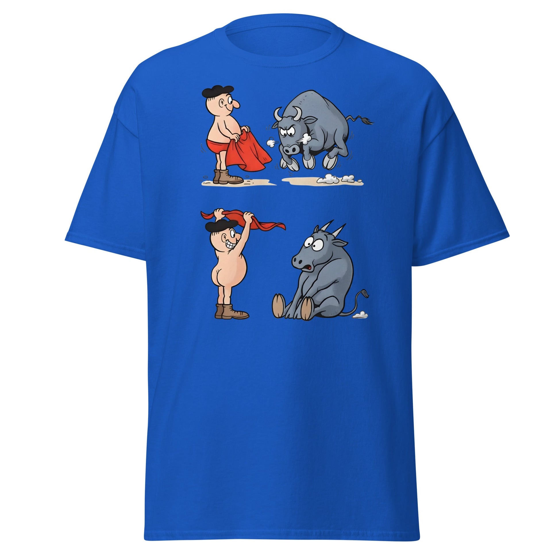 Matador Bullfighter Naked Gag Cartoon T-Shirt - Royal - T-Shirts Online