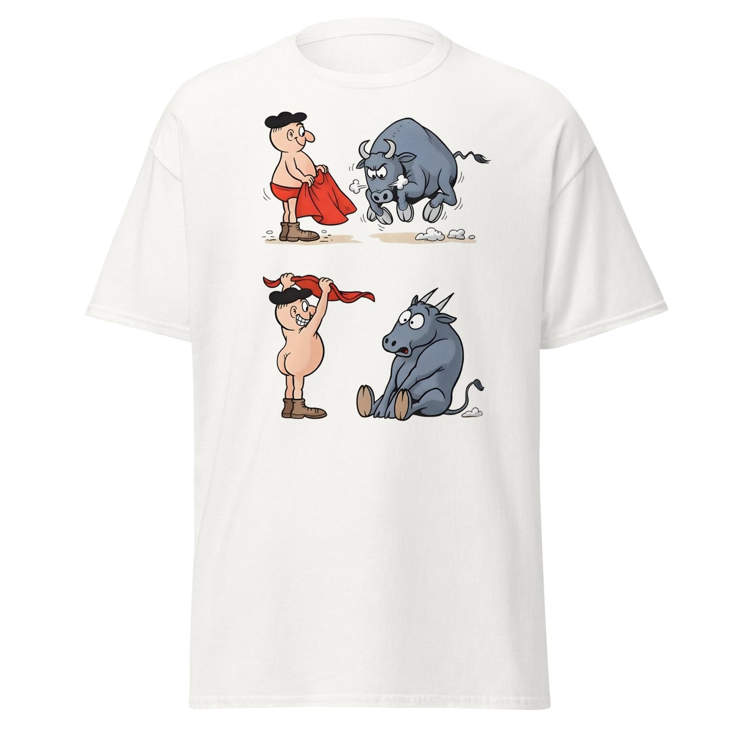 Matador Bullfighter Naked Gag Cartoon T-Shirt - White - T-Shirts Online