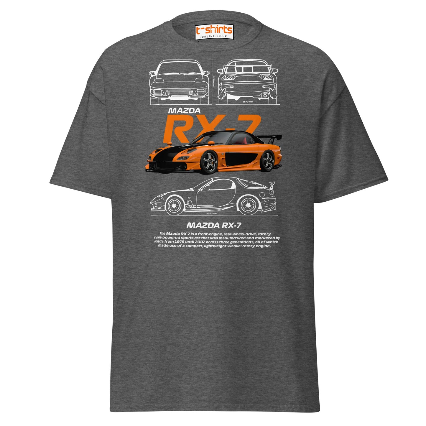 Mazda RX - 7 T-Shirt | JDM Rotary Engine Legend Tee - Dark Heather - T-Shirts Online