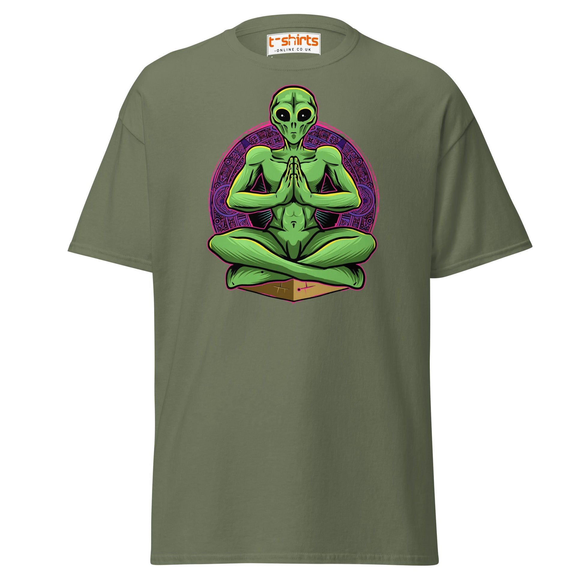 Meditating Alien T-Shirt | Cosmic Spiritual Tee - Military Green - T-Shirts Online