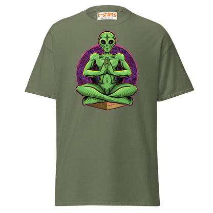 Meditating Alien T-Shirt | Cosmic Spiritual Tee - Military Green - T-Shirts Online