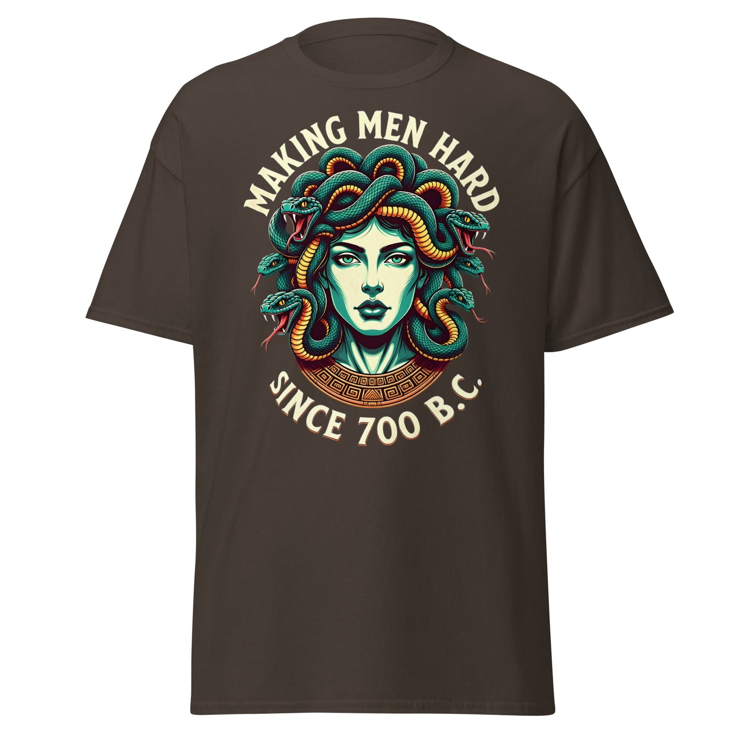 Medusa Making Men Hard Since 700 BC – Funny Myth T-Shirt - Dark Chocolate - T-Shirts Online