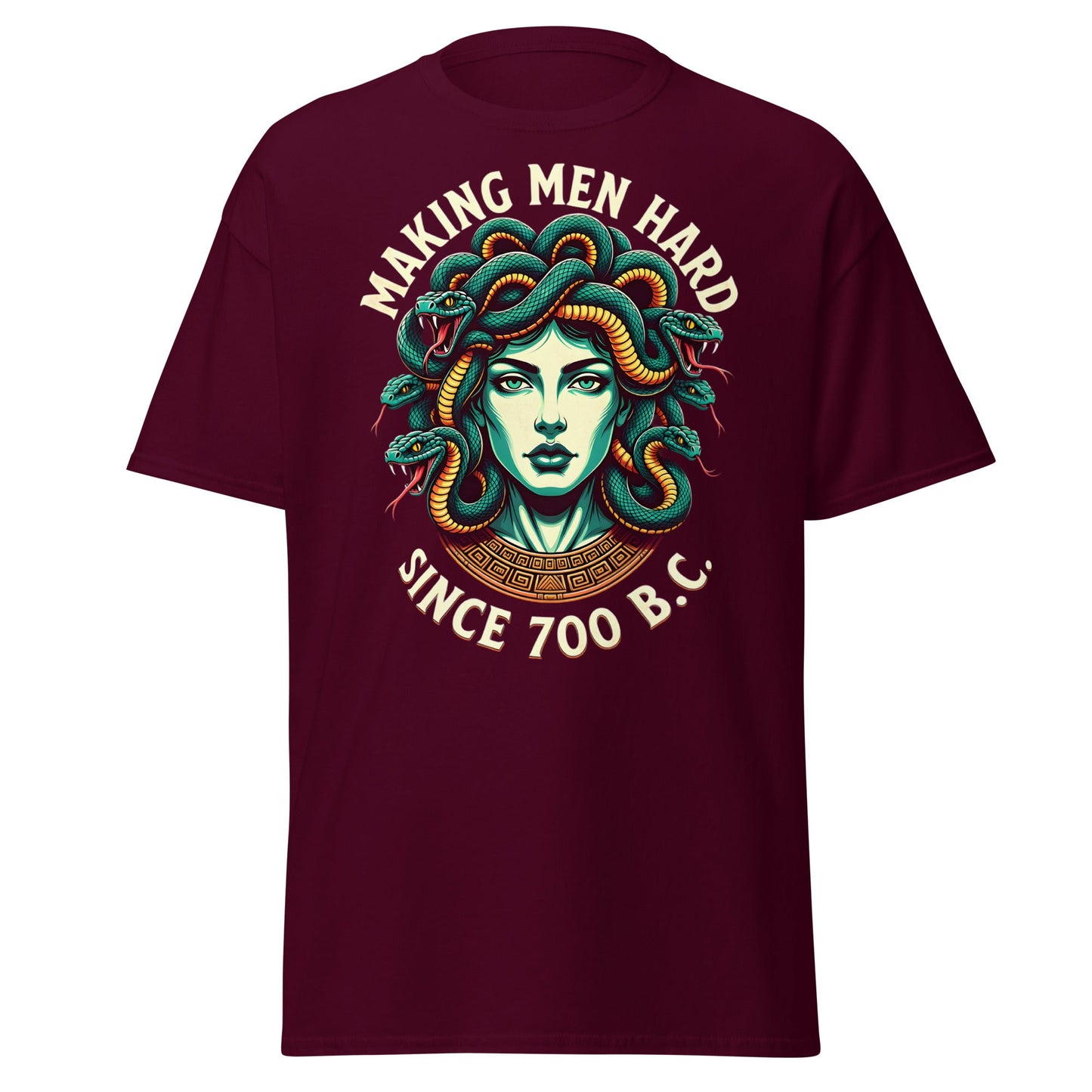 Medusa Making Men Hard Since 700 BC – Funny Myth T-Shirt - Maroon - T-Shirts Online