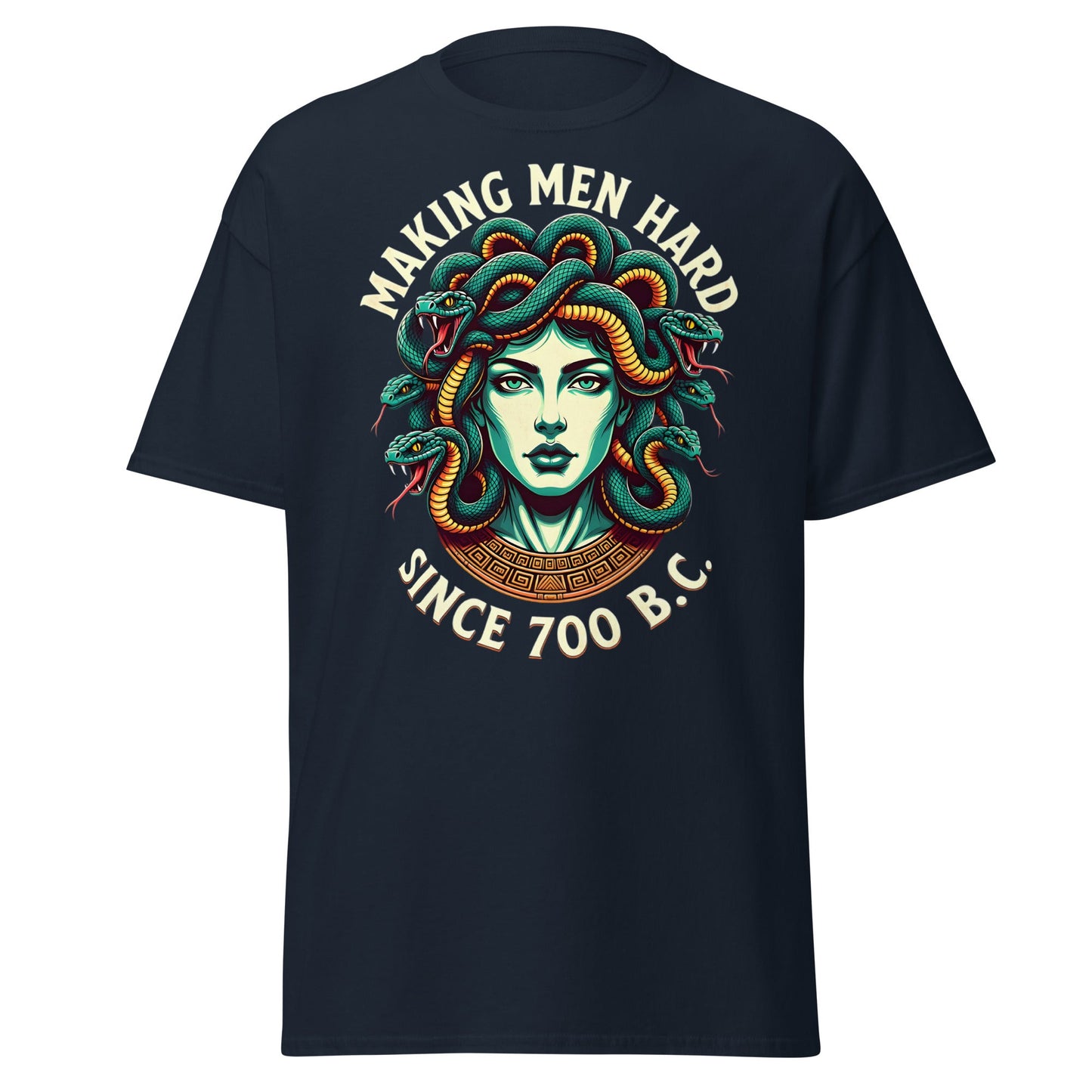 Medusa Making Men Hard Since 700 BC – Funny Myth T-Shirt - Navy - T-Shirts Online