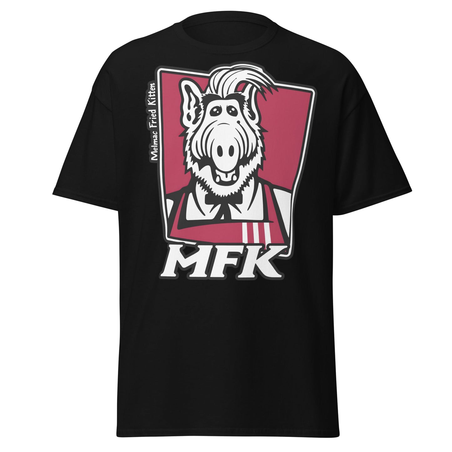 Melmac Fried Kitten MFK T-Shirt - ALF Parody Tee - Black - T-Shirts Online