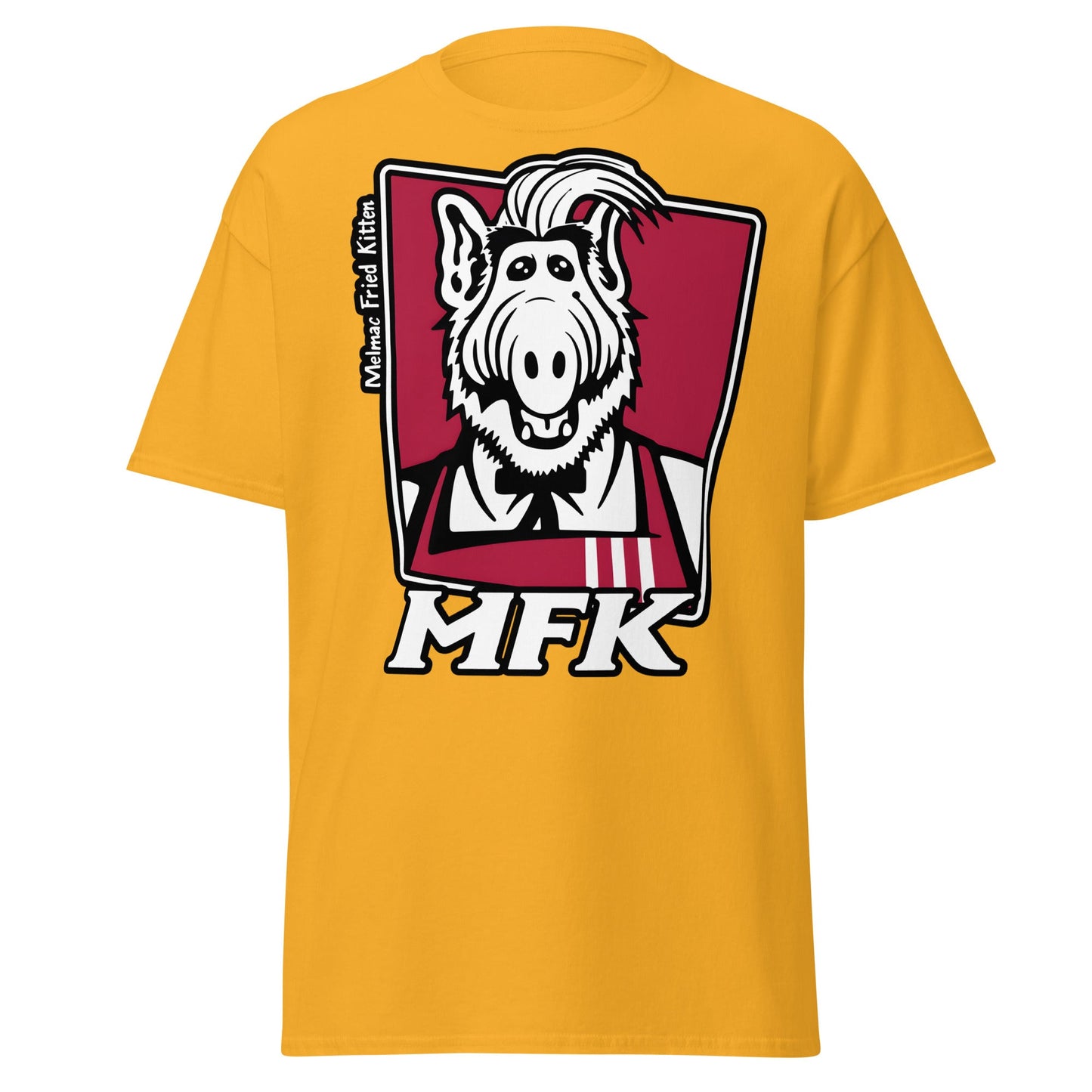 Melmac Fried Kitten MFK T-Shirt - ALF Parody Tee - Gold - T-Shirts Online