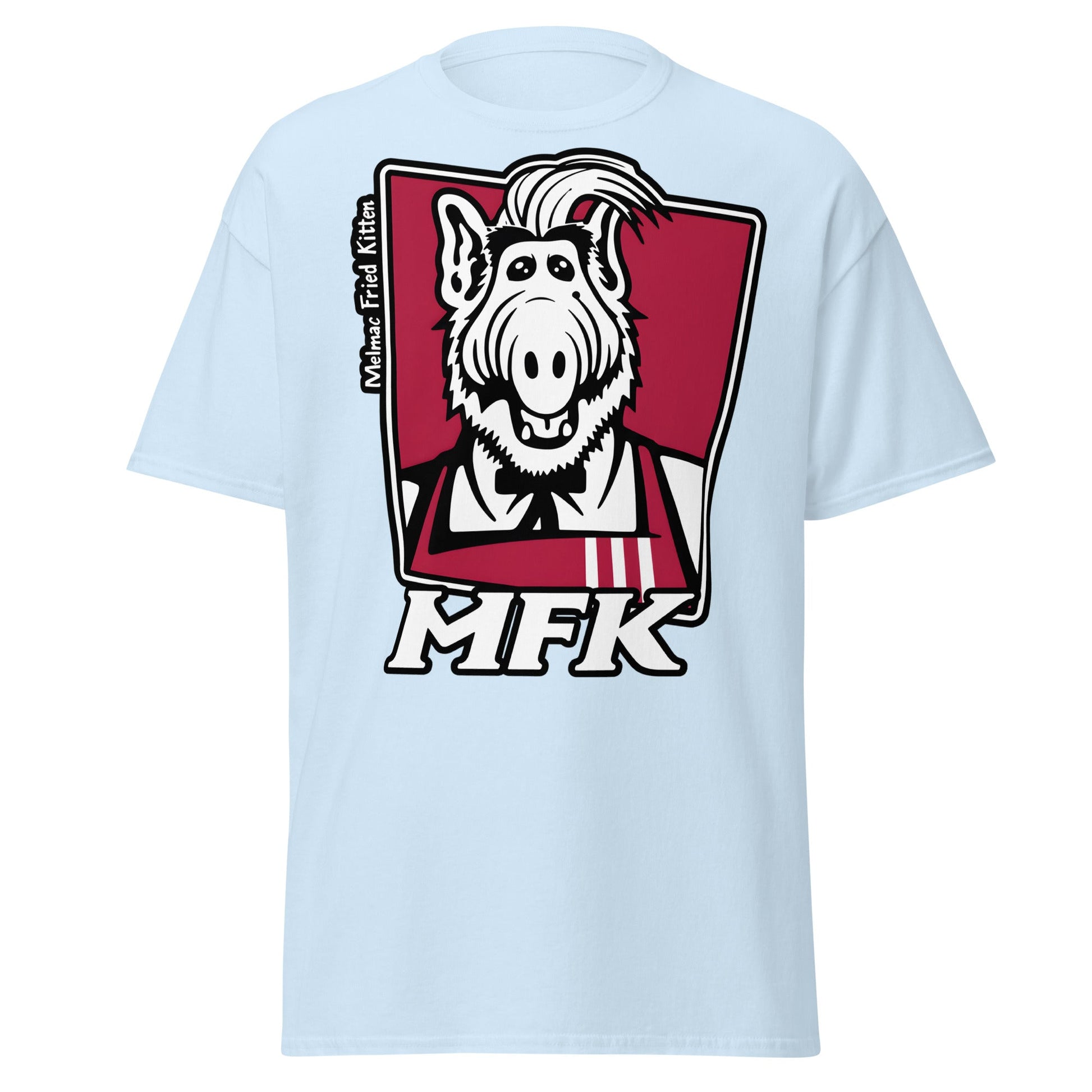 Melmac Fried Kitten MFK T-Shirt - ALF Parody Tee - Light Blue - T-Shirts Online