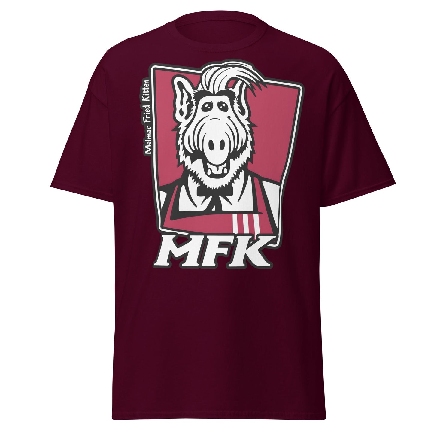 Melmac Fried Kitten MFK T-Shirt - ALF Parody Tee - Maroon - T-Shirts Online