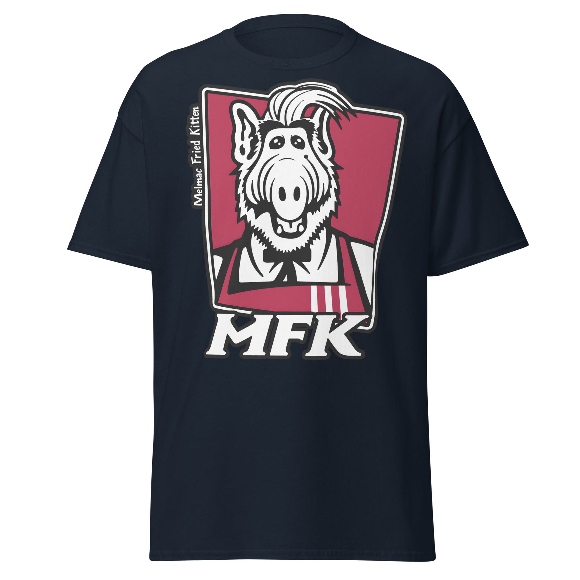 Melmac Fried Kitten MFK T-Shirt - ALF Parody Tee - Navy - T-Shirts Online