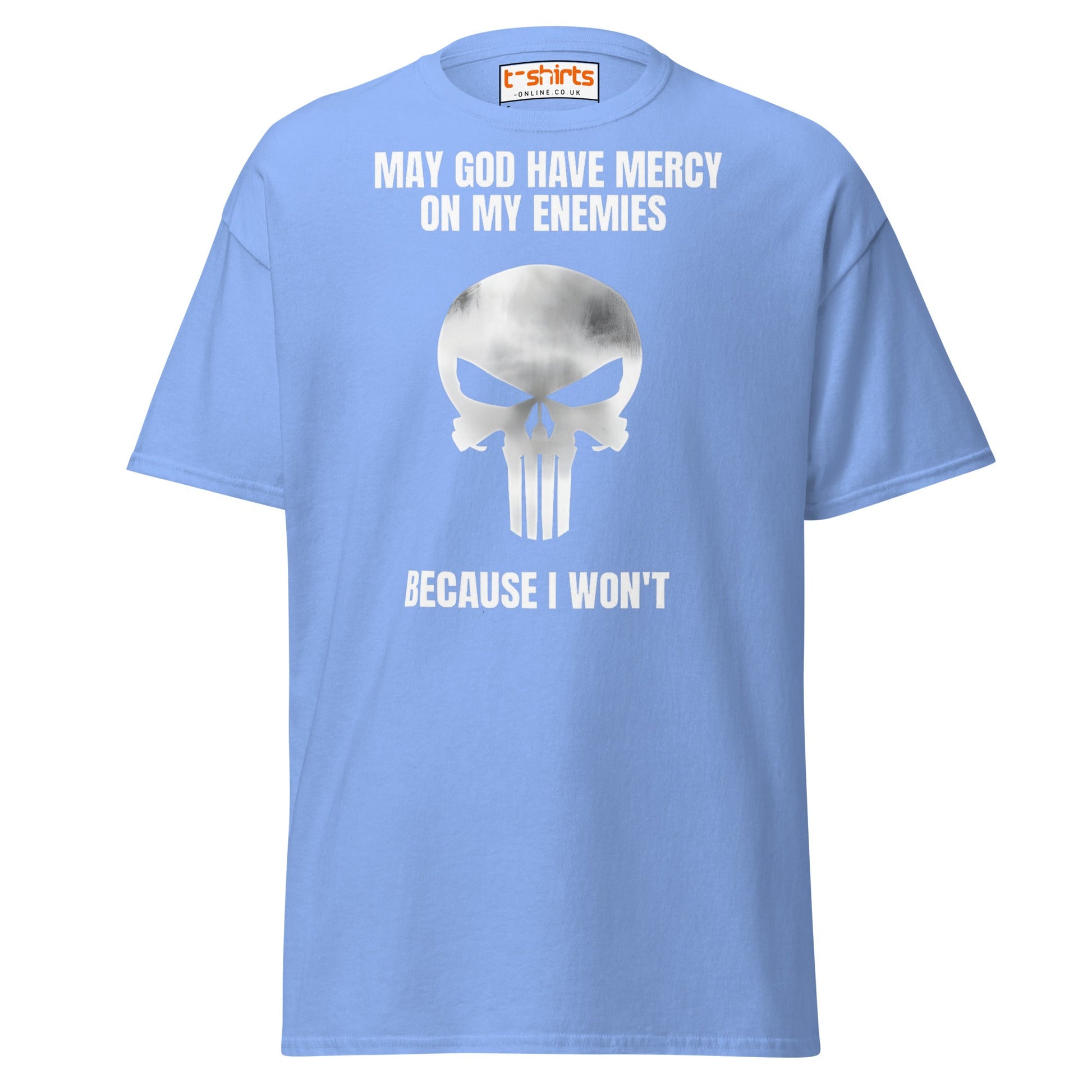 Mercy on My Enemies T-Shirt | Bold Skull Warrior Tee - Carolina Blue - T-Shirts Online
