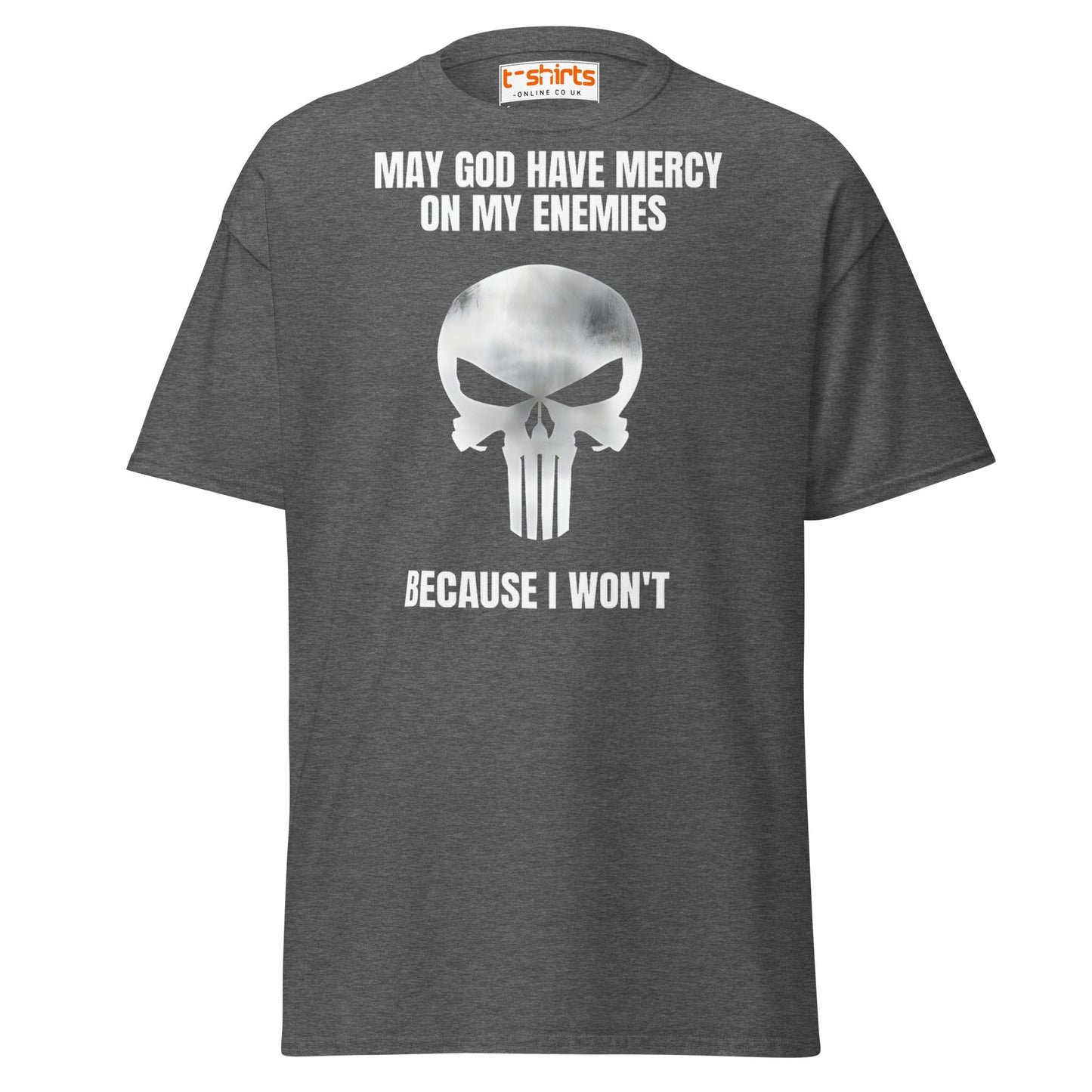 Mercy on My Enemies T-Shirt | Bold Skull Warrior Tee - Dark Heather - T-Shirts Online