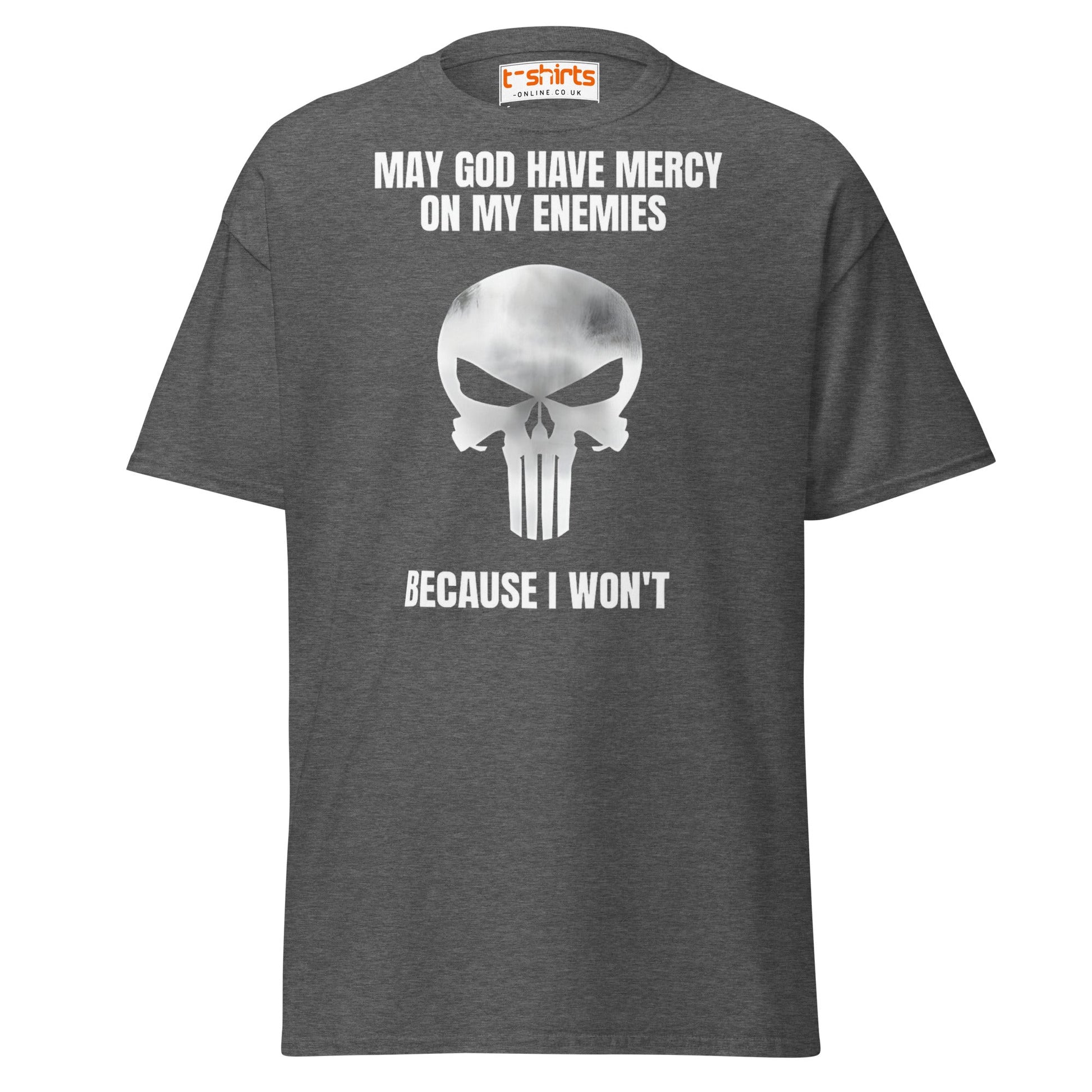 Mercy on My Enemies T-Shirt | Bold Skull Warrior Tee - Dark Heather - T-Shirts Online