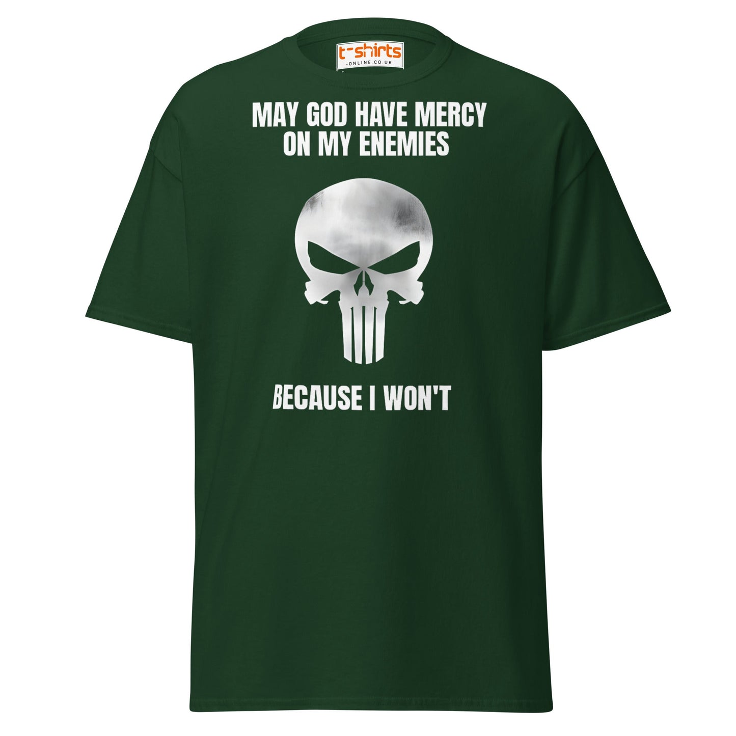 Mercy on My Enemies T-Shirt | Bold Skull Warrior Tee - Forest Green - T-Shirts Online