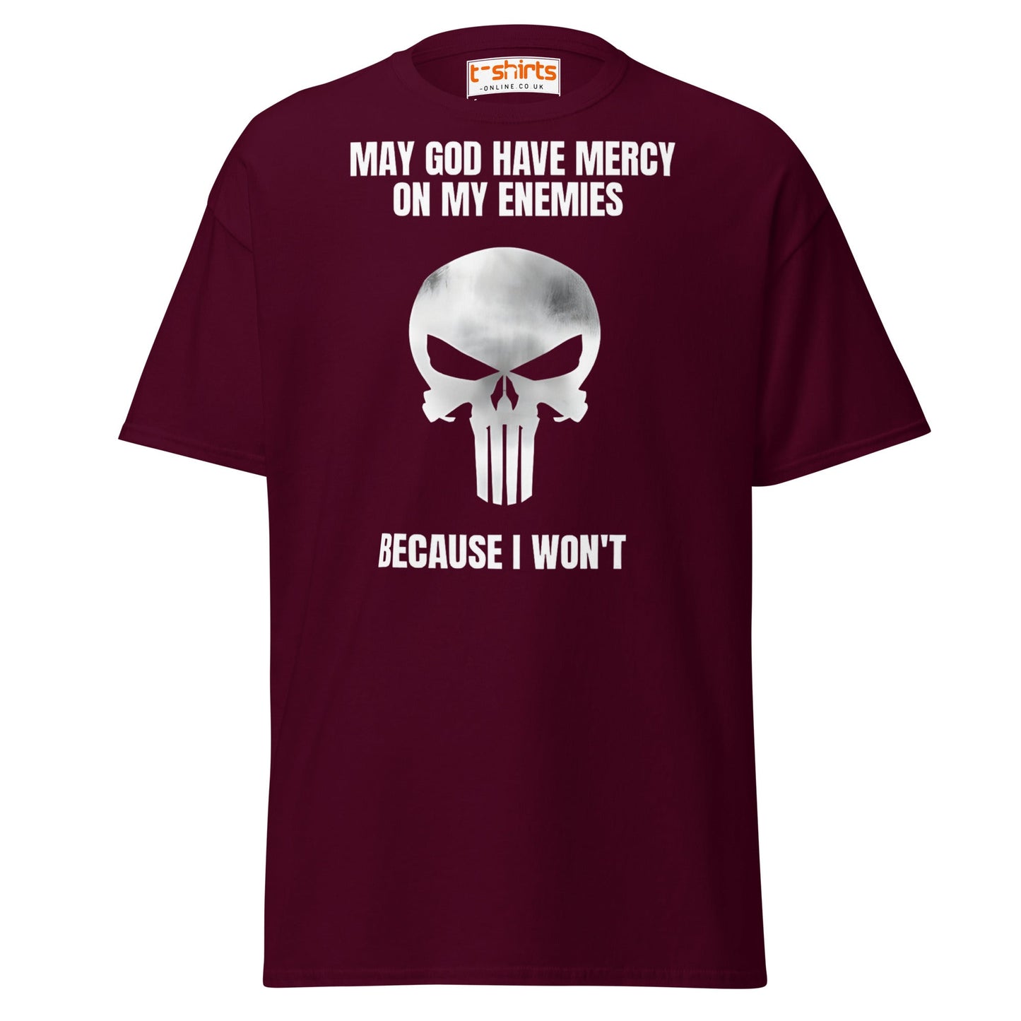Mercy on My Enemies T-Shirt | Bold Skull Warrior Tee - Maroon - T-Shirts Online