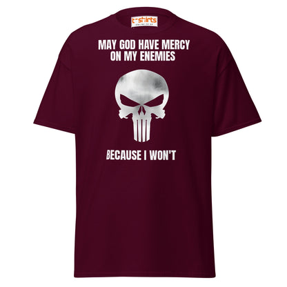 Mercy on My Enemies T-Shirt | Bold Skull Warrior Tee - Maroon - T-Shirts Online