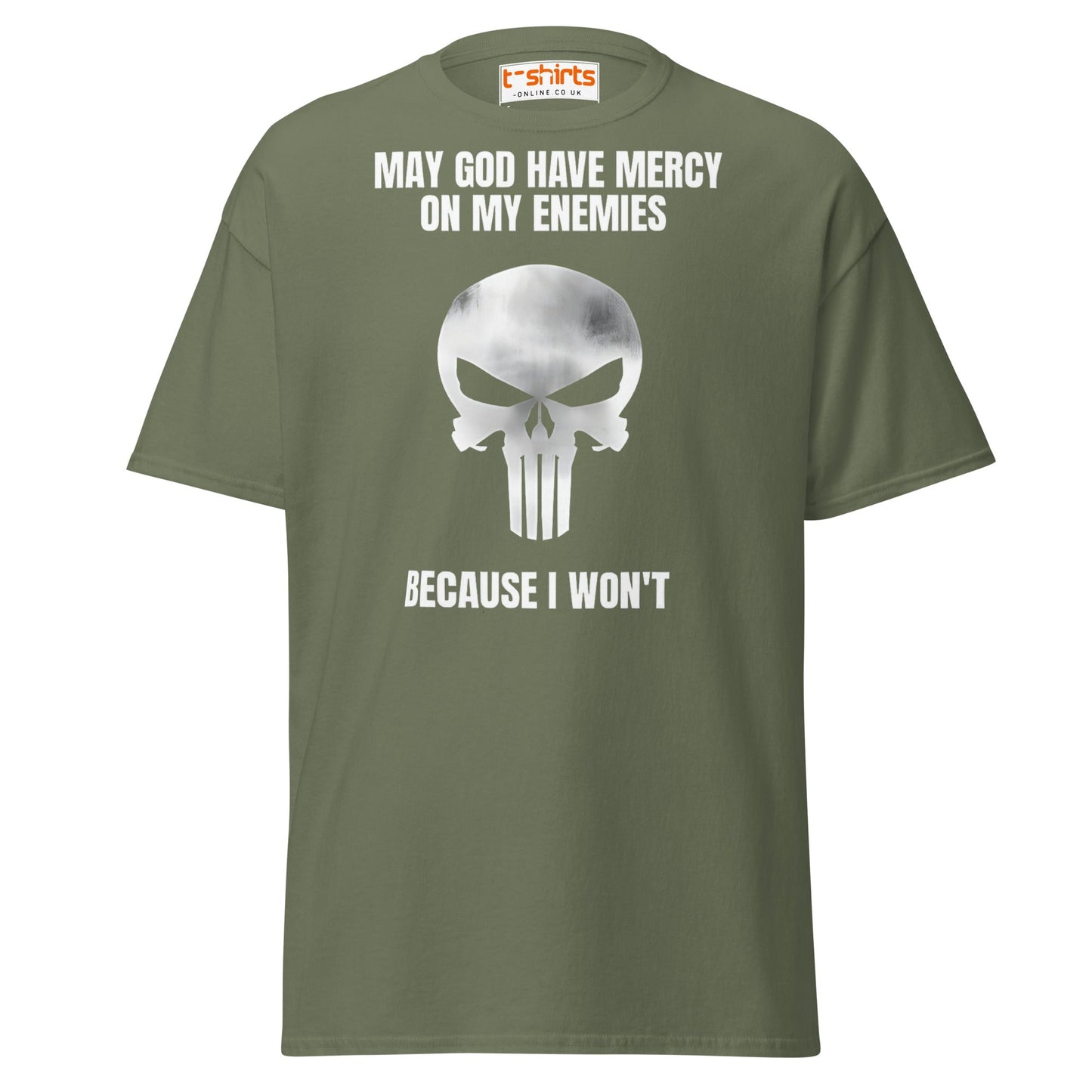 Mercy on My Enemies T-Shirt | Bold Skull Warrior Tee - Military Green - T-Shirts Online