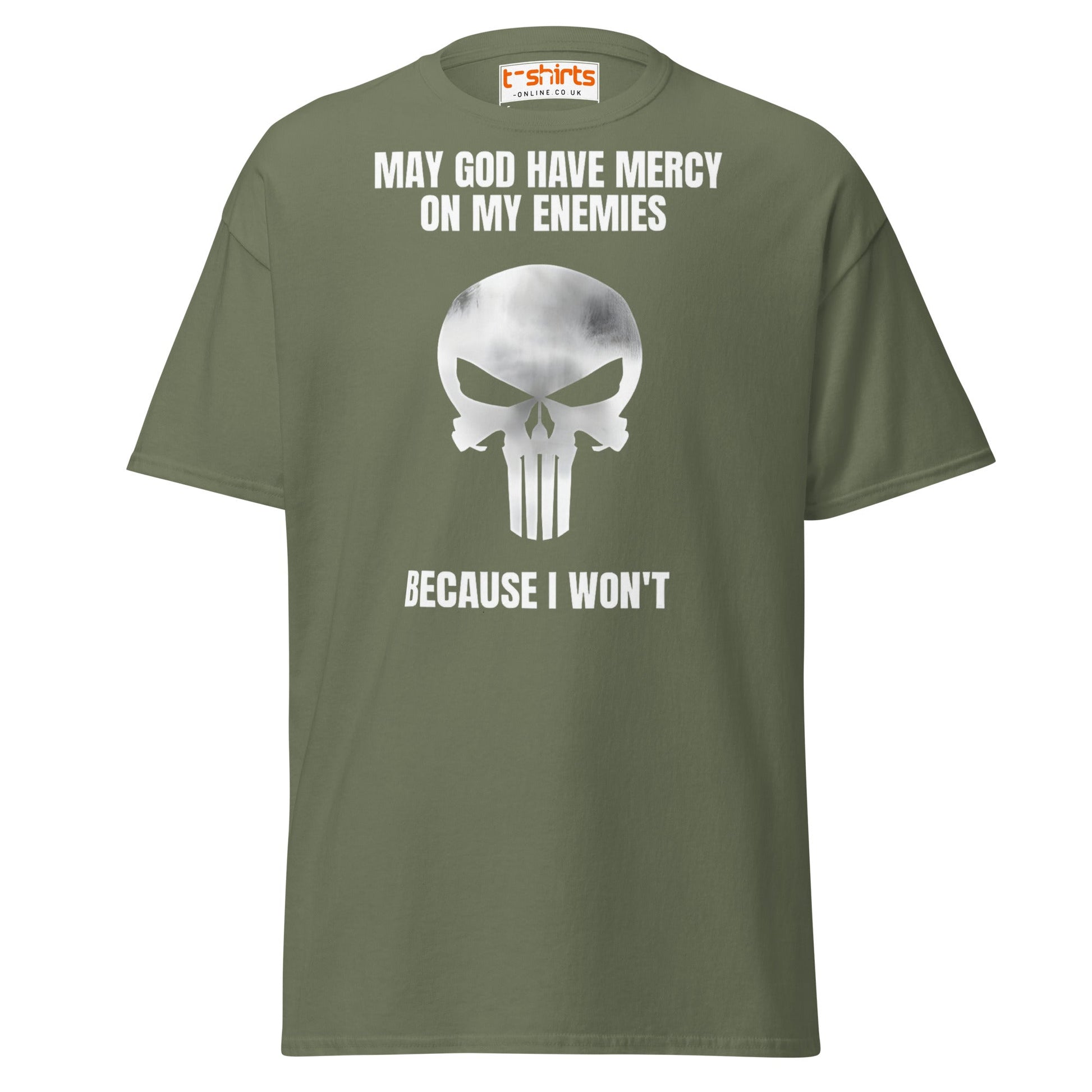 Mercy on My Enemies T-Shirt | Bold Skull Warrior Tee - Military Green - T-Shirts Online