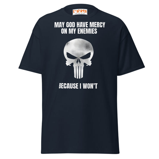 Mercy on My Enemies T-Shirt | Bold Skull Warrior Tee - Navy - T-Shirts Online