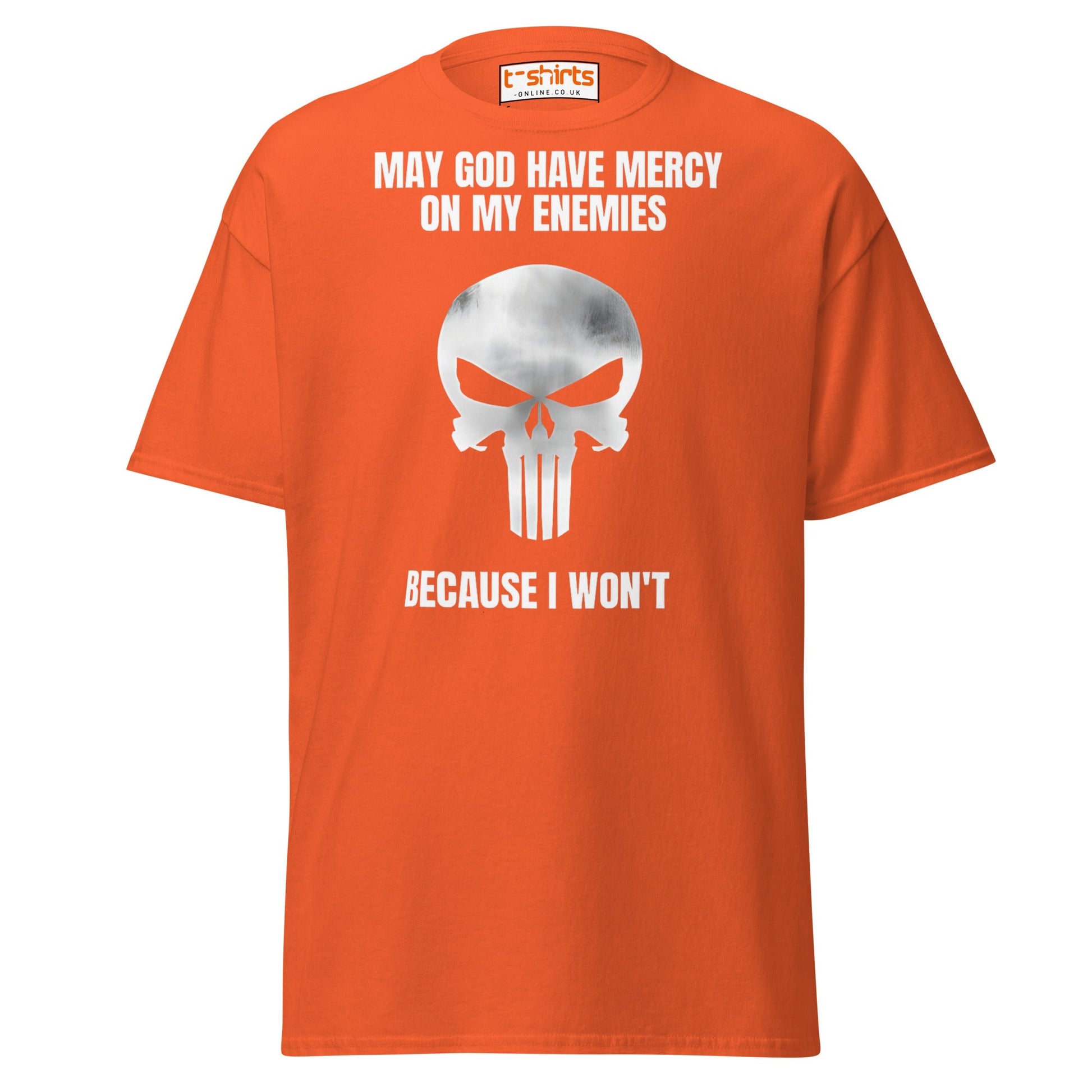 Mercy on My Enemies T-Shirt | Bold Skull Warrior Tee - Orange - T-Shirts Online