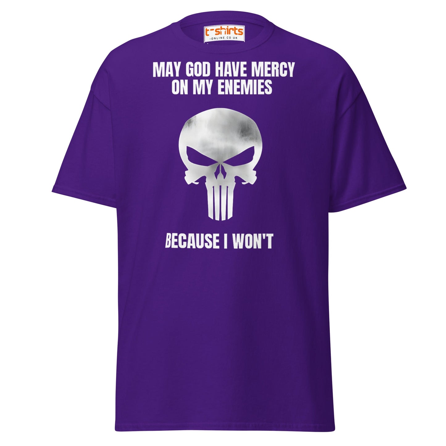 Mercy on My Enemies T-Shirt | Bold Skull Warrior Tee - Purple - T-Shirts Online