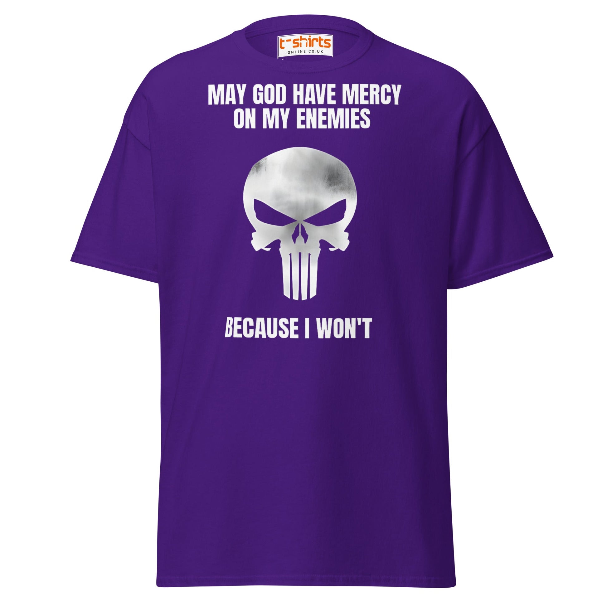 Mercy on My Enemies T-Shirt | Bold Skull Warrior Tee - Purple - T-Shirts Online