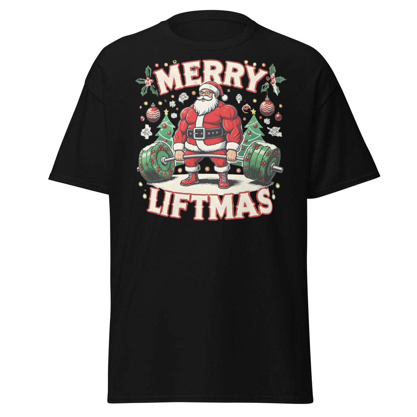 Merry Liftmas Funny Christmas Gym Santa T-Shirt - Black - T-Shirts Online