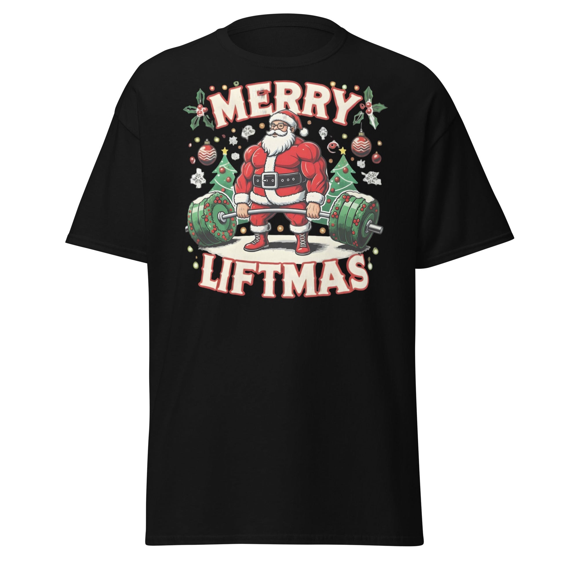 Merry Liftmas Funny Christmas Gym Santa T-Shirt - Black - T-Shirts Online