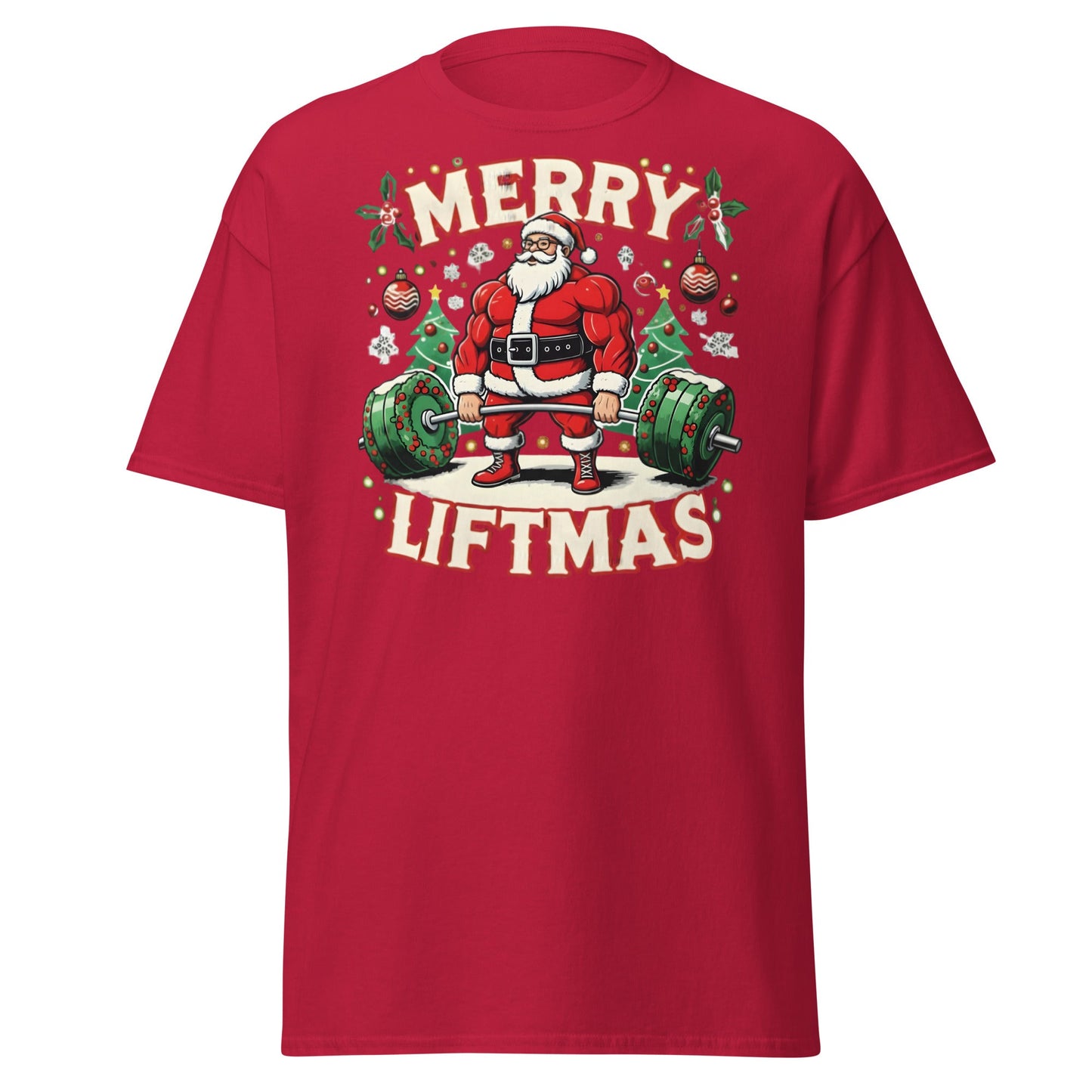 Merry Liftmas Funny Christmas Gym Santa T-Shirt - Cardinal - T-Shirts Online