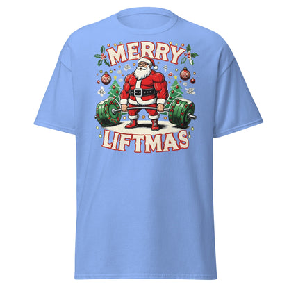 Merry Liftmas Funny Christmas Gym Santa T-Shirt - Carolina Blue - T-Shirts Online