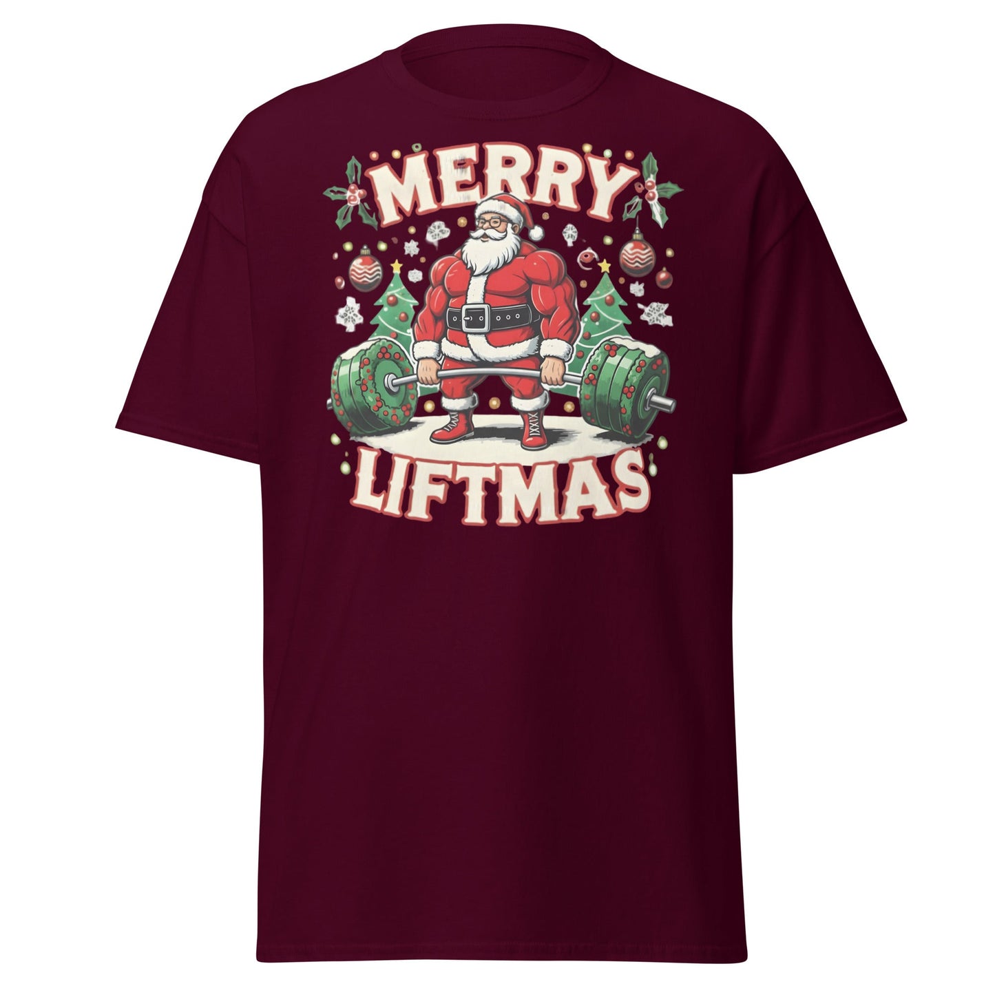 Merry Liftmas Funny Christmas Gym Santa T-Shirt - Maroon - T-Shirts Online