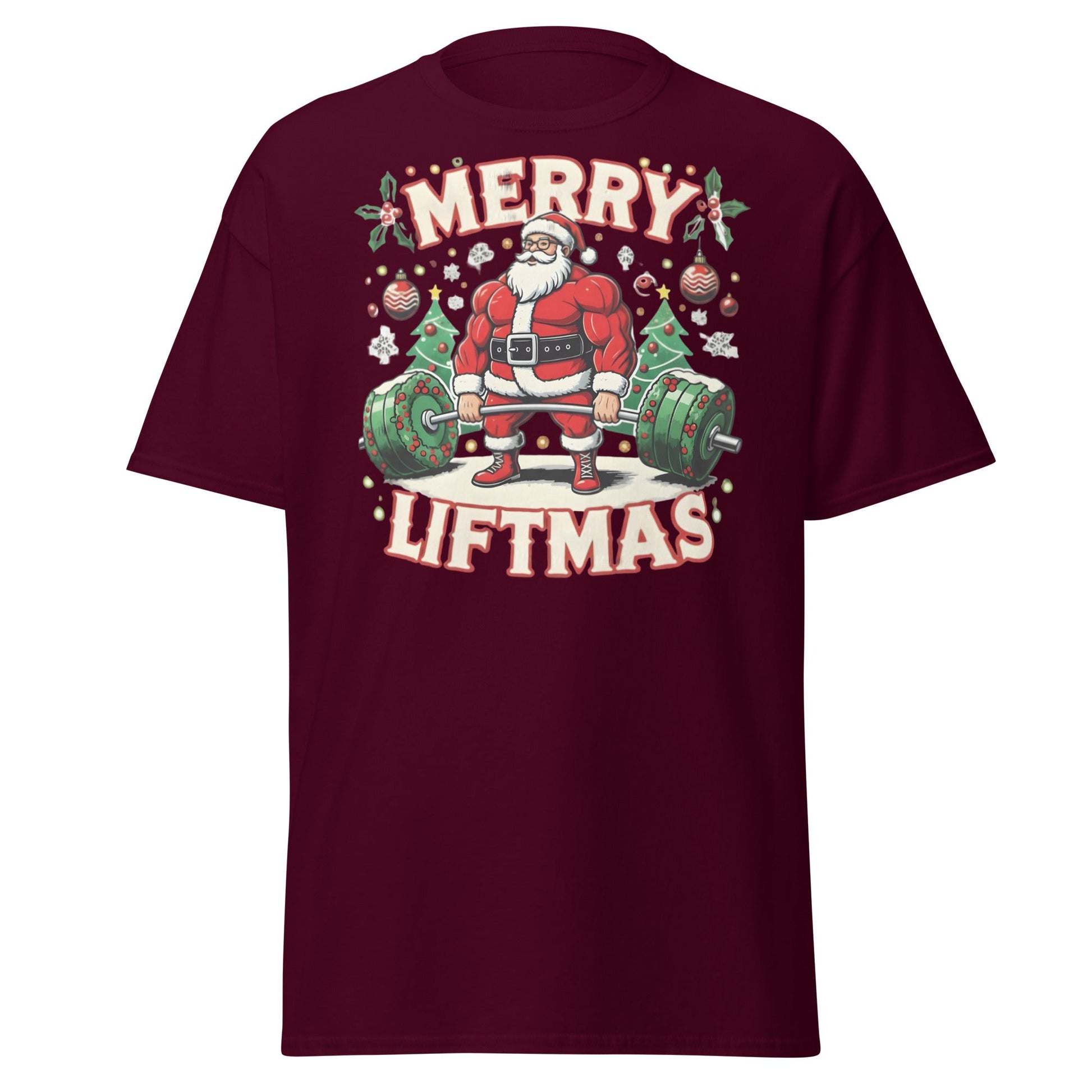 Merry Liftmas Funny Christmas Gym Santa T-Shirt - Maroon - T-Shirts Online