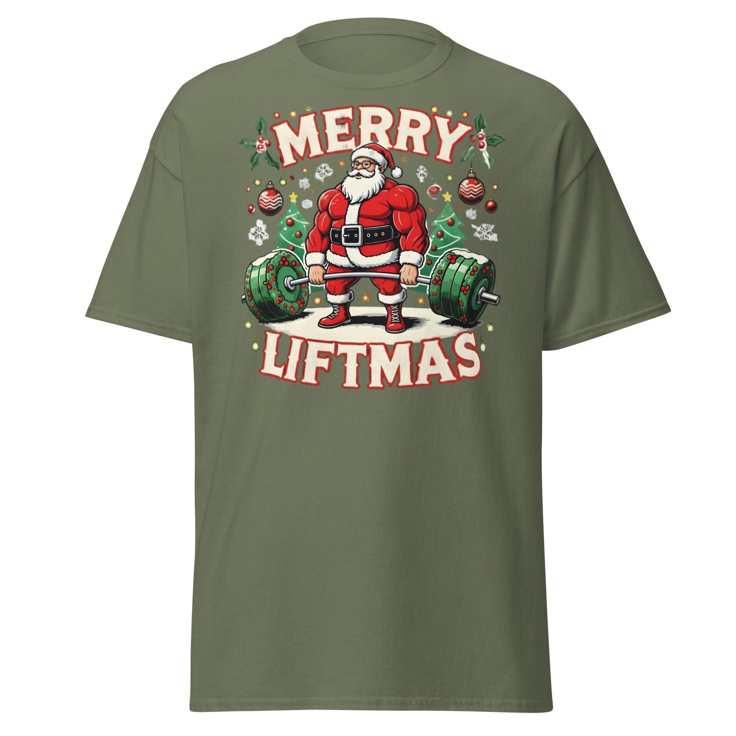 Merry Liftmas Funny Christmas Gym Santa T-Shirt - Military Green - T-Shirts Online
