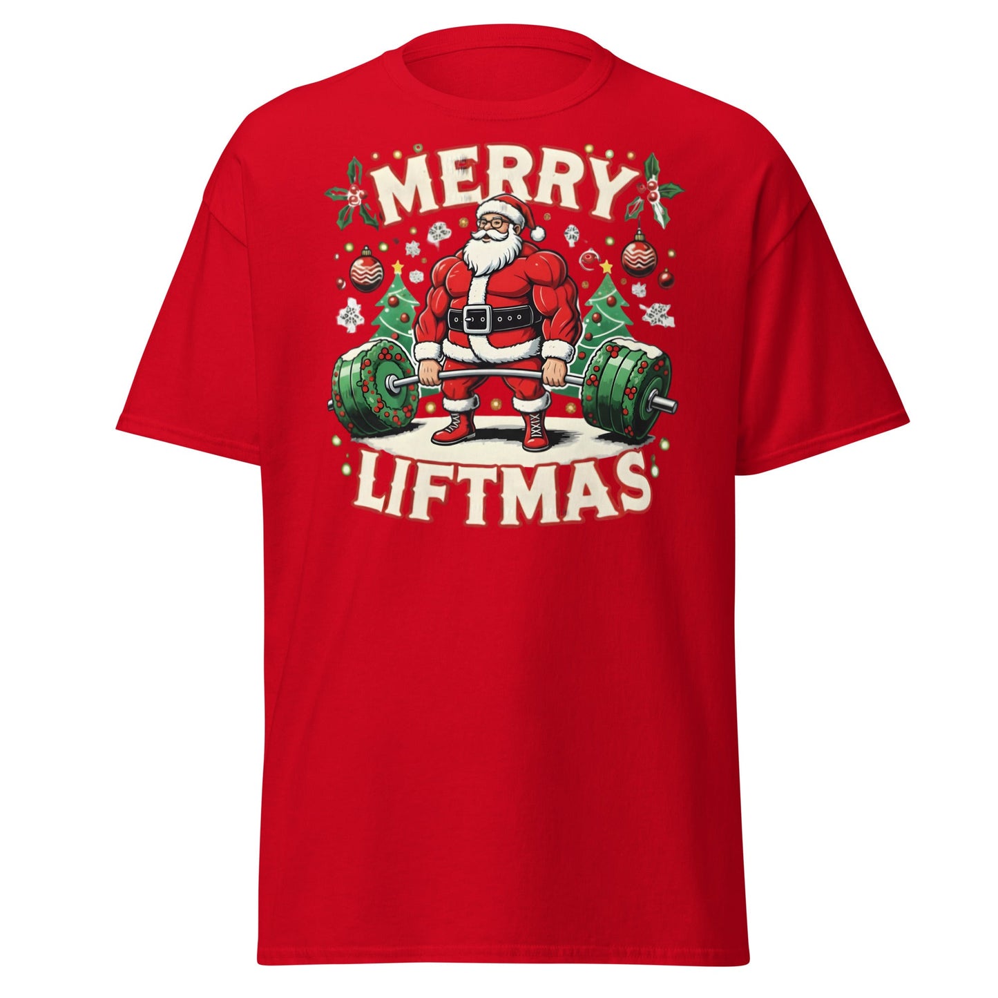 Merry Liftmas Funny Christmas Gym Santa T-Shirt - Red - T-Shirts Online
