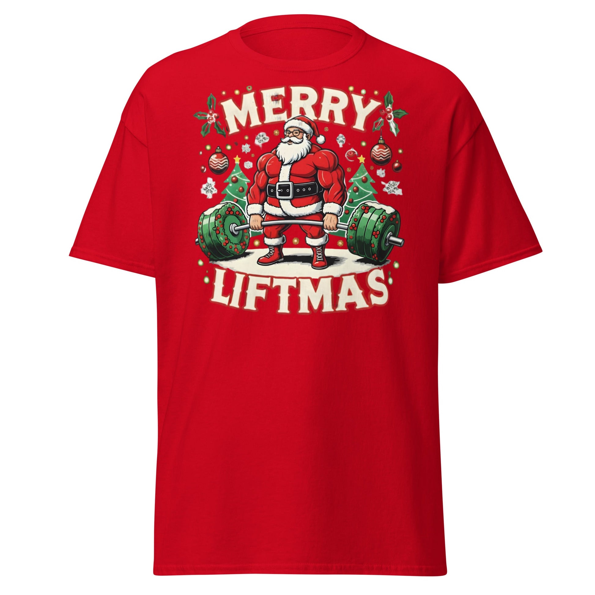 Merry Liftmas Funny Christmas Gym Santa T-Shirt - Red - T-Shirts Online