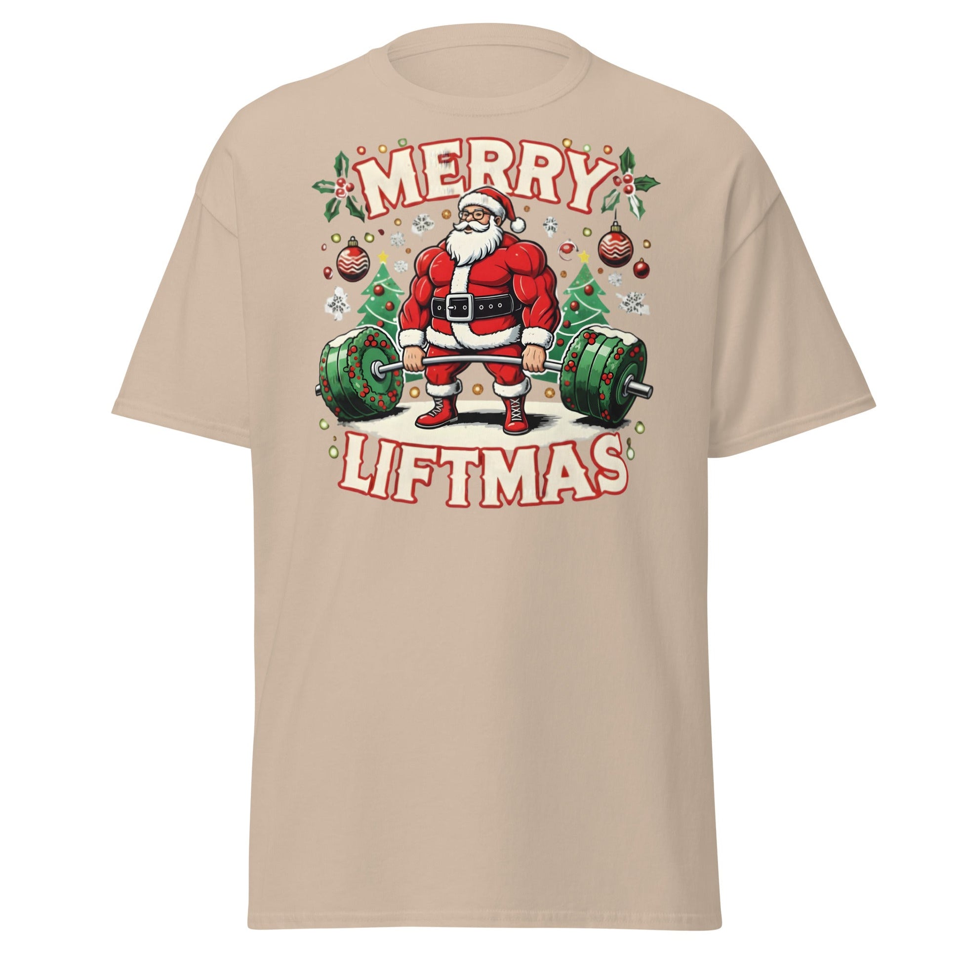 Merry Liftmas Funny Christmas Gym Santa T-Shirt - Sand - T-Shirts Online