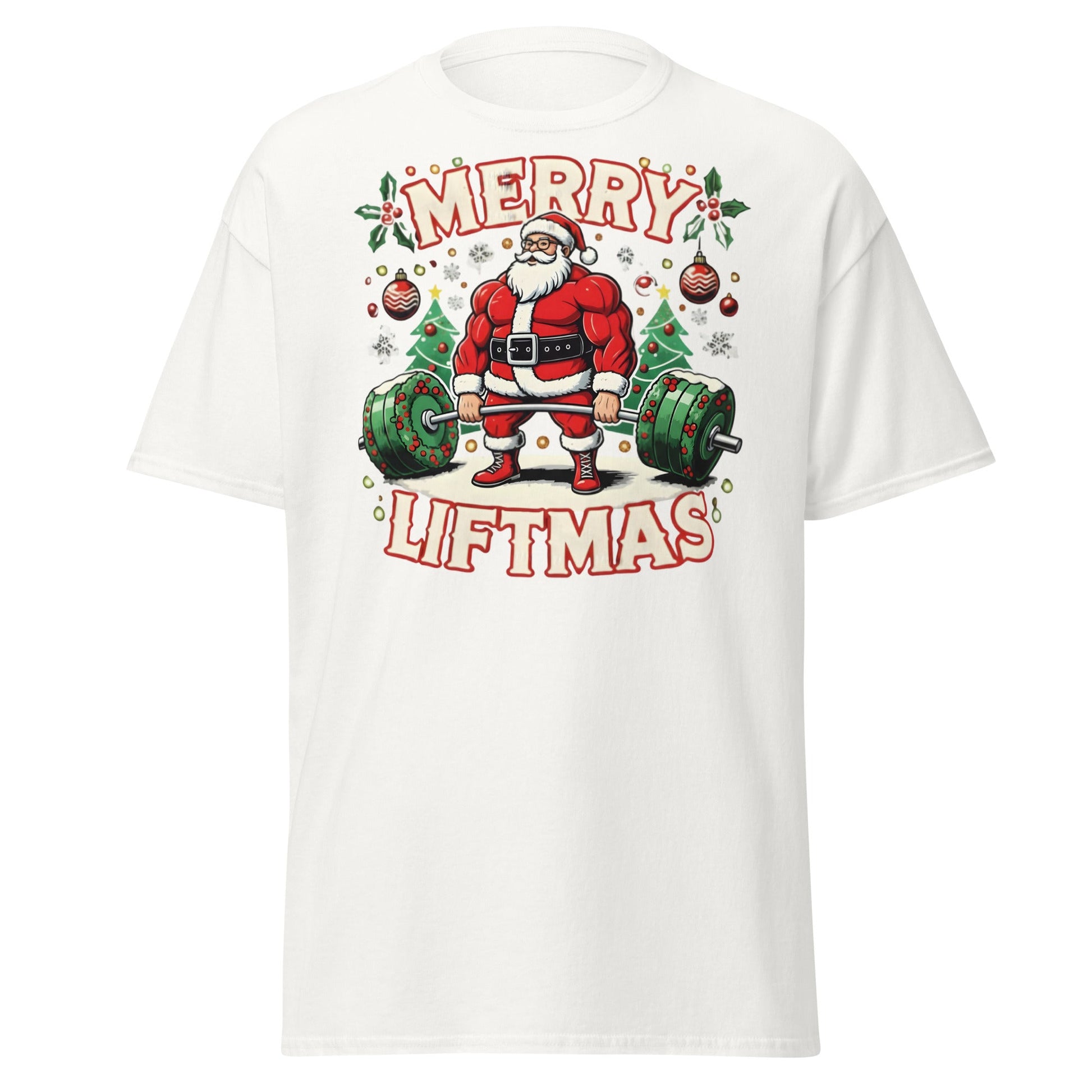 Merry Liftmas Funny Christmas Gym Santa T-Shirt - White - T-Shirts Online