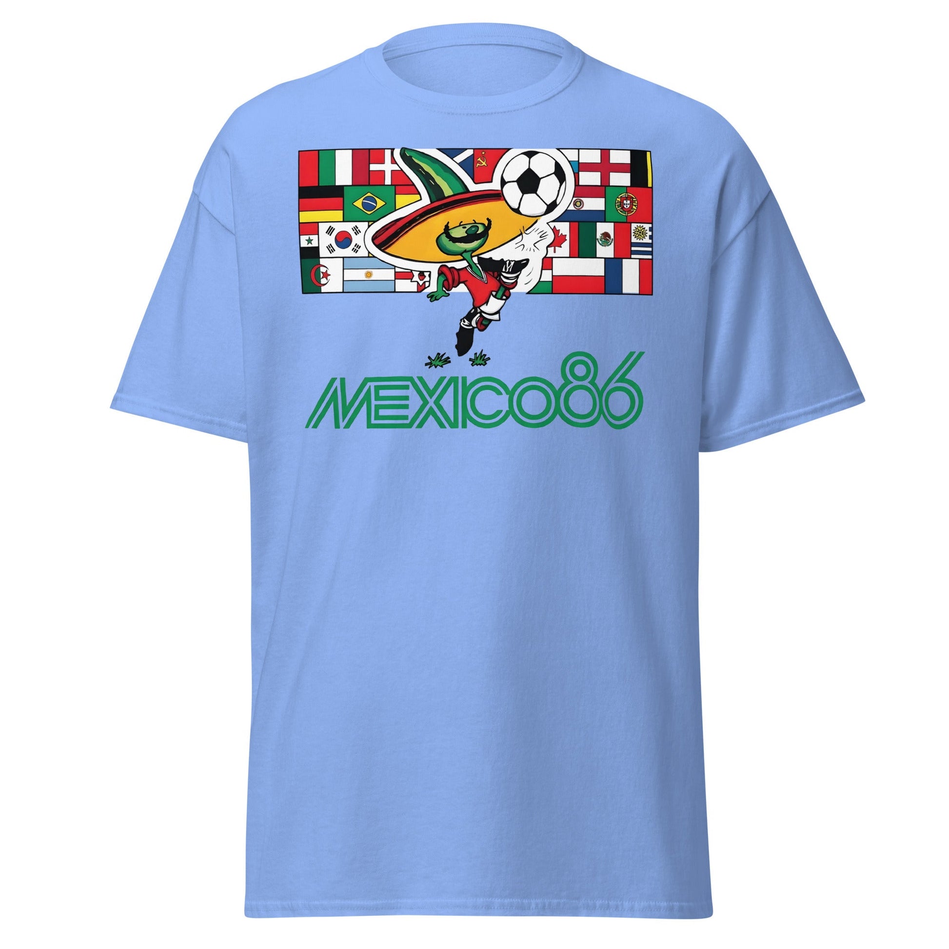Mexico 86 World Cup T-Shirt - Retro Pique Mascot Tee - Carolina Blue - T-Shirts Online