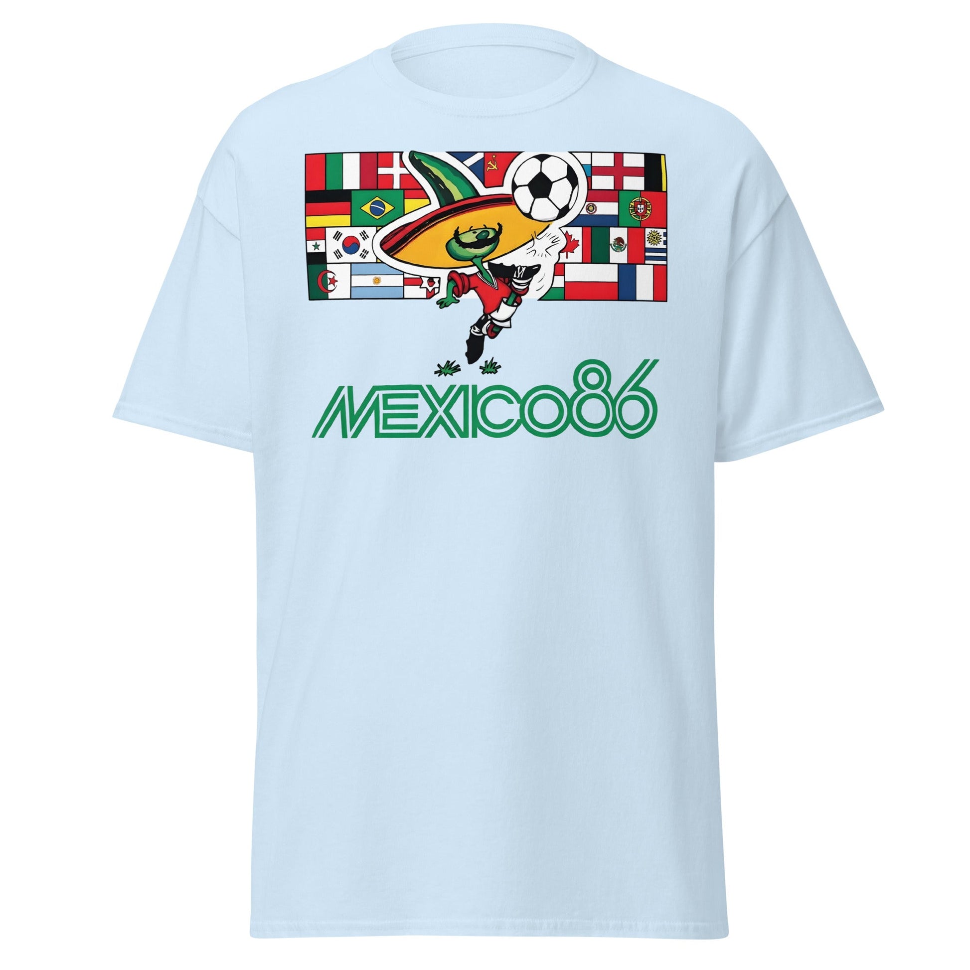 Mexico 86 World Cup T-Shirt - Retro Pique Mascot Tee - Light Blue - T-Shirts Online