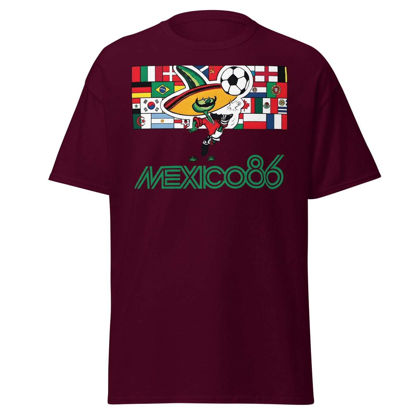 Mexico 86 World Cup T-Shirt - Retro Pique Mascot Tee - Maroon - T-Shirts Online