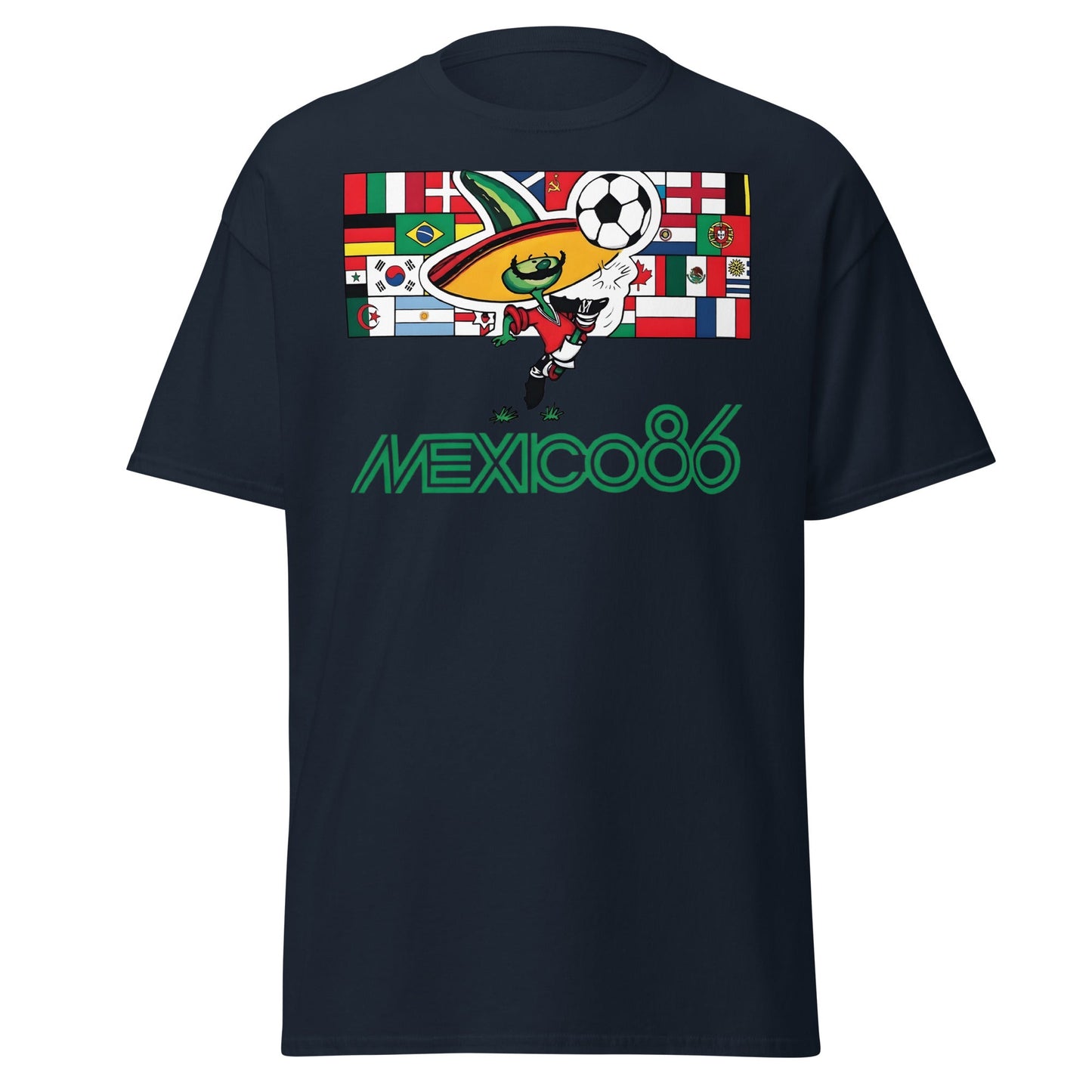 Mexico 86 World Cup T-Shirt - Retro Pique Mascot Tee - Navy - T-Shirts Online