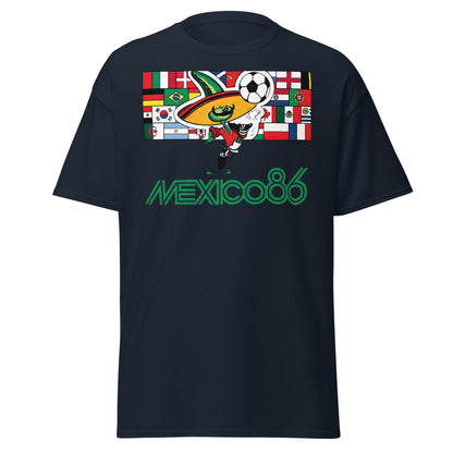 Mexico 86 World Cup T-Shirt - Retro Pique Mascot Tee - Navy - T-Shirts Online