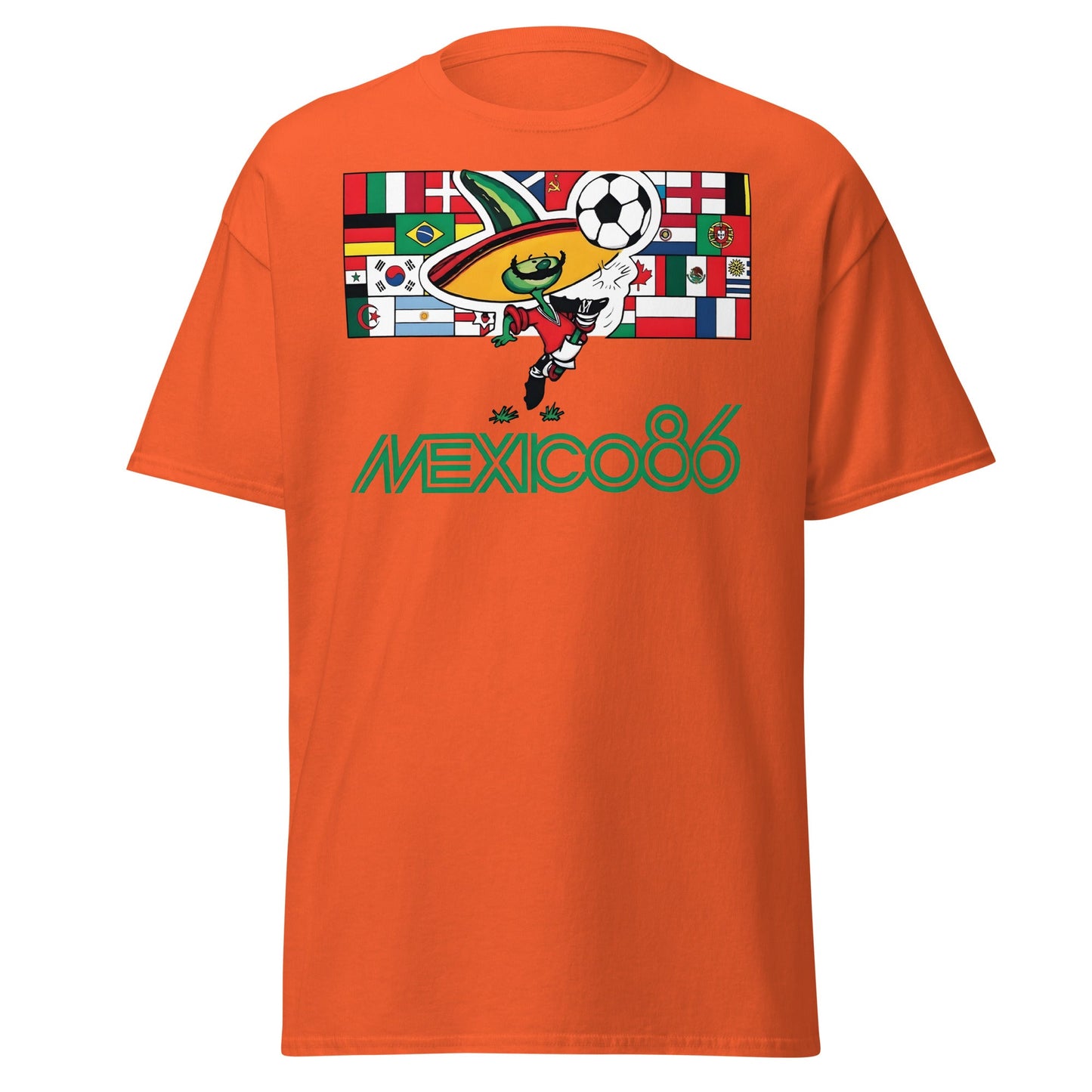 Mexico 86 World Cup T-Shirt - Retro Pique Mascot Tee - Orange - T-Shirts Online