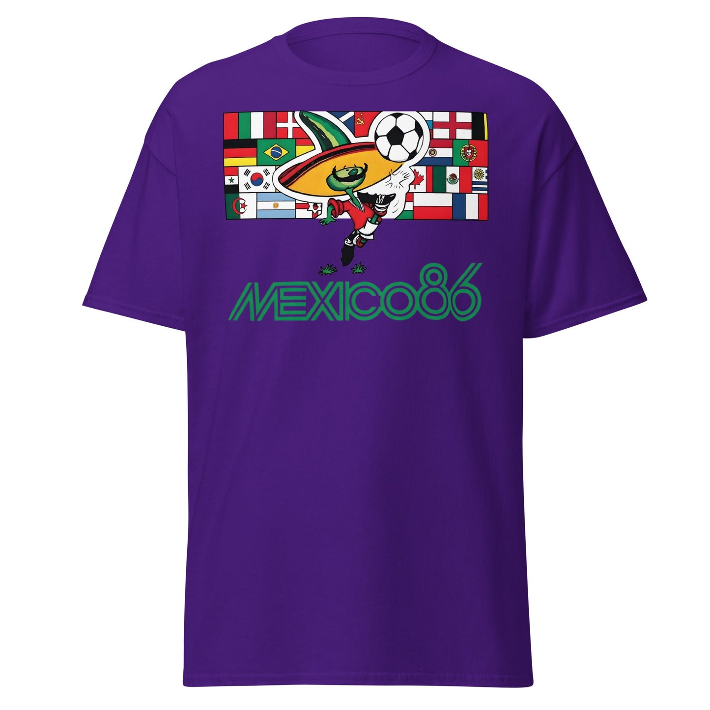 Mexico 86 World Cup T-Shirt - Retro Pique Mascot Tee - Purple - T-Shirts Online
