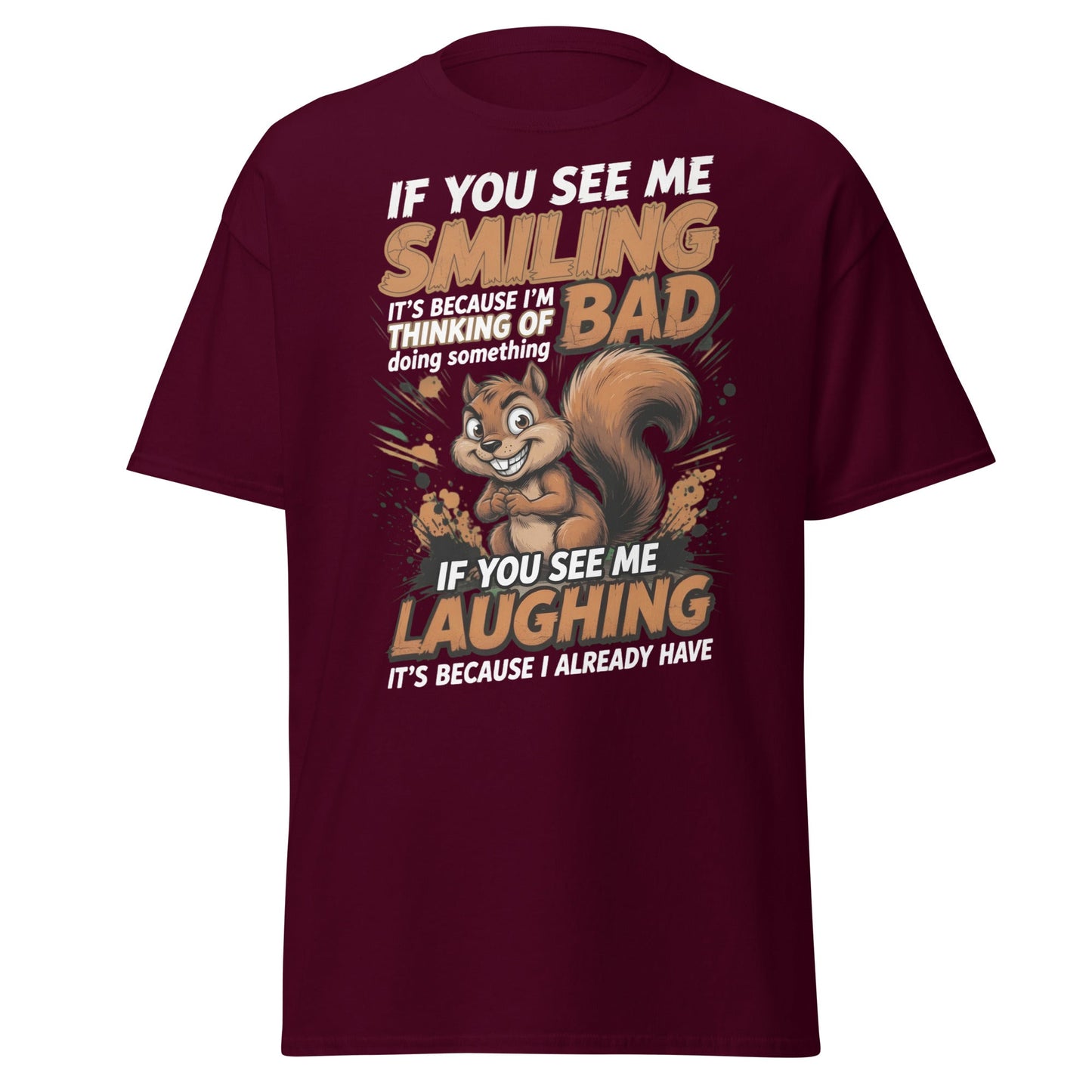 Mischievous Squirrel Funny T-Shirt - Bad Thoughts Tee - Maroon - T-Shirts Online