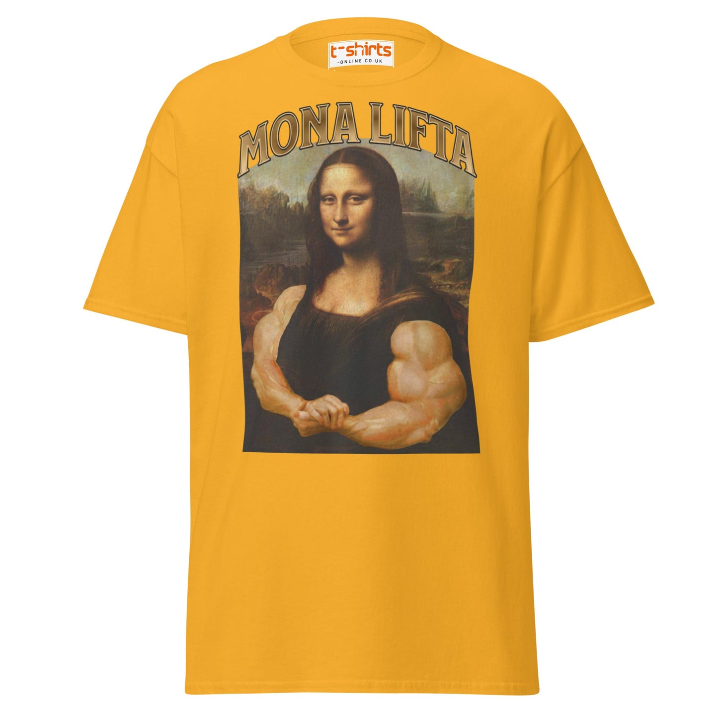 Mona Lifta T-Shirt | Funny Gym Parody Art Tee - Gold - T-Shirts Online