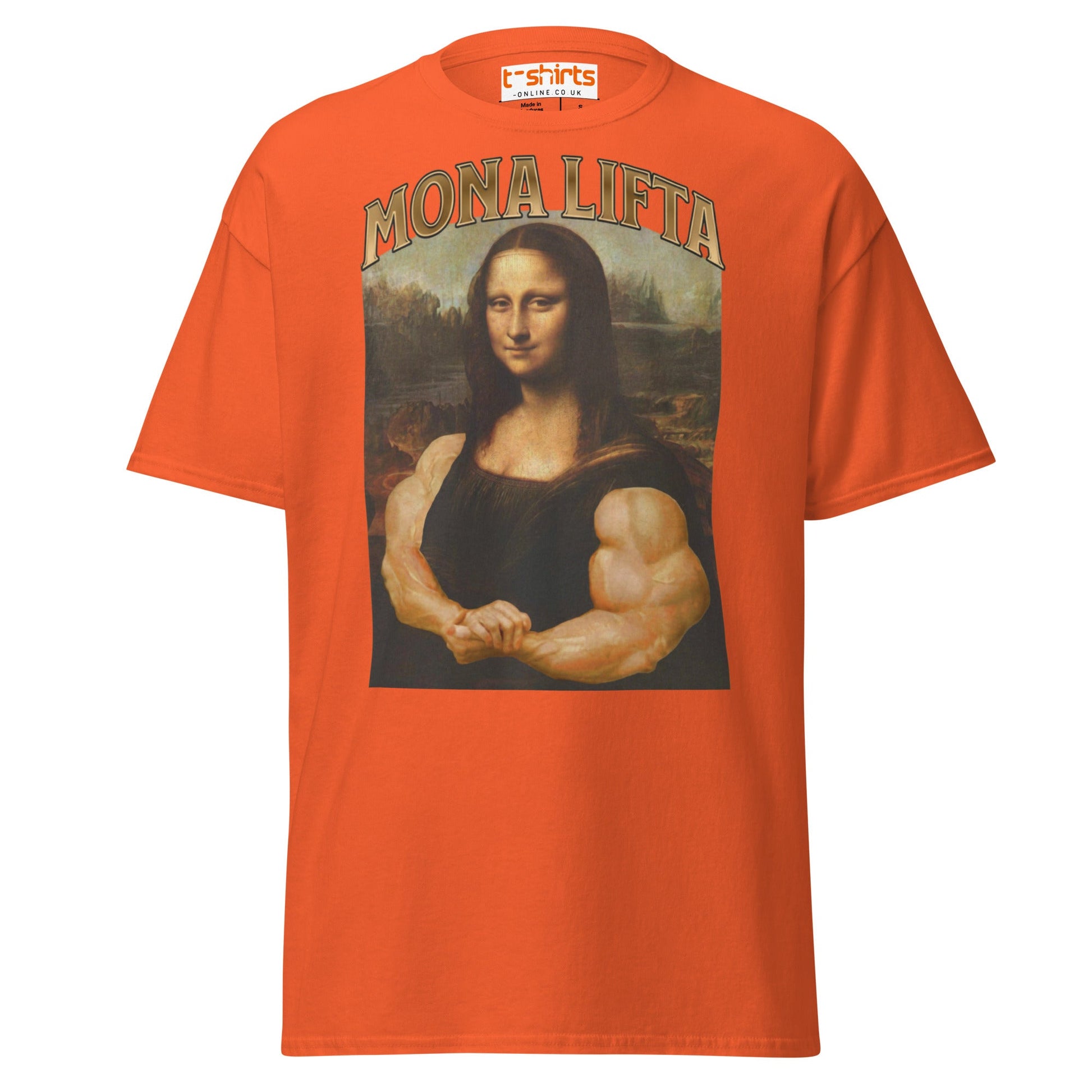 Mona Lifta T-Shirt | Funny Gym Parody Art Tee - Orange - T-Shirts Online