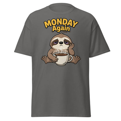 Monday Again Sloth Coffee T-Shirt Funny Lazy Tee - Charcoal - T-Shirts Online
