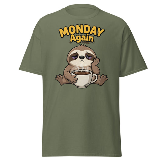 Monday Again Sloth Coffee T-Shirt Funny Lazy Tee - Military Green - T-Shirts Online