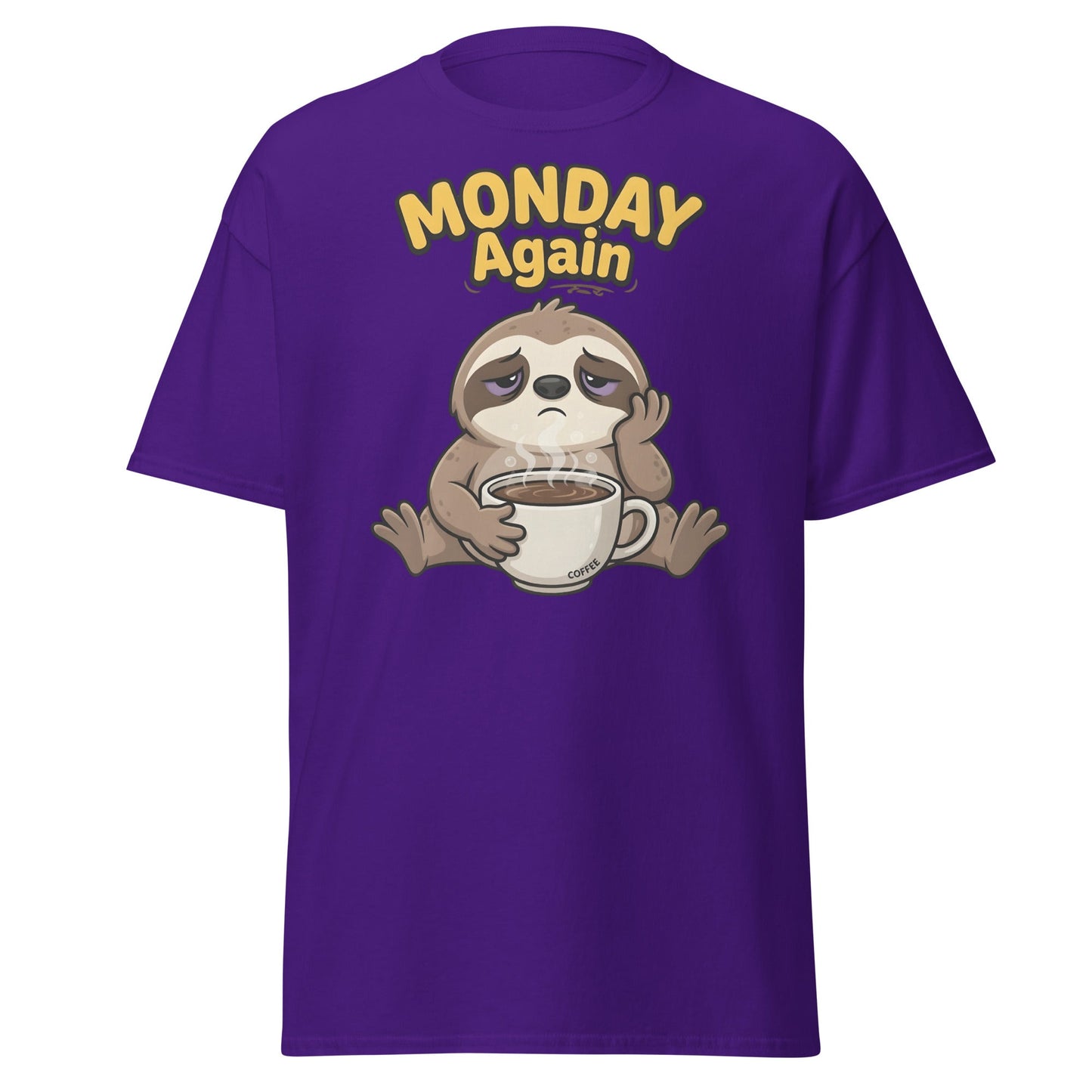 Monday Again Sloth Coffee T-Shirt Funny Lazy Tee - Purple - T-Shirts Online